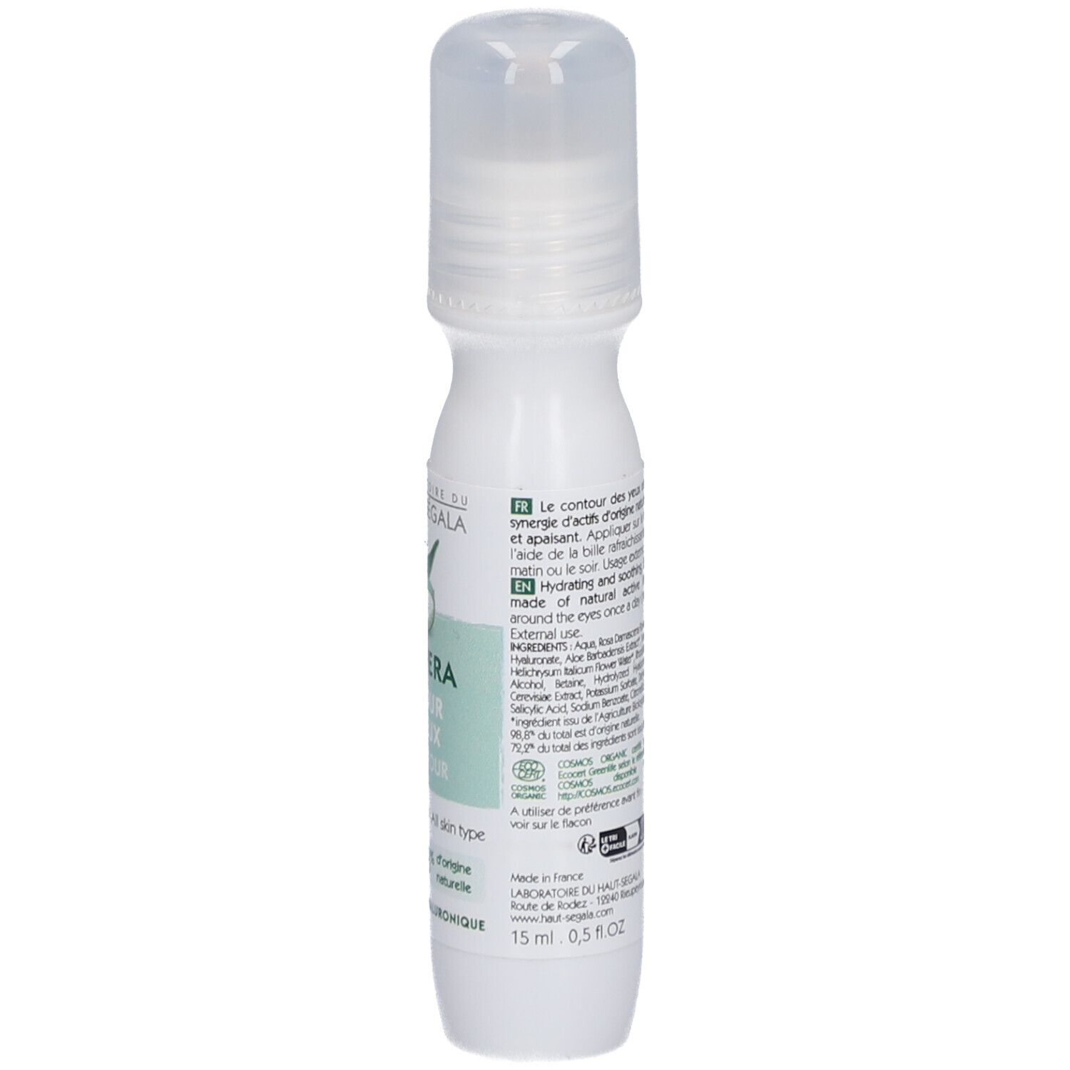 Flacon blanc avec applicateur roll-on. Inscription: Aloe Vera Contour des Yeux. Étiquette avec logo et texte.
