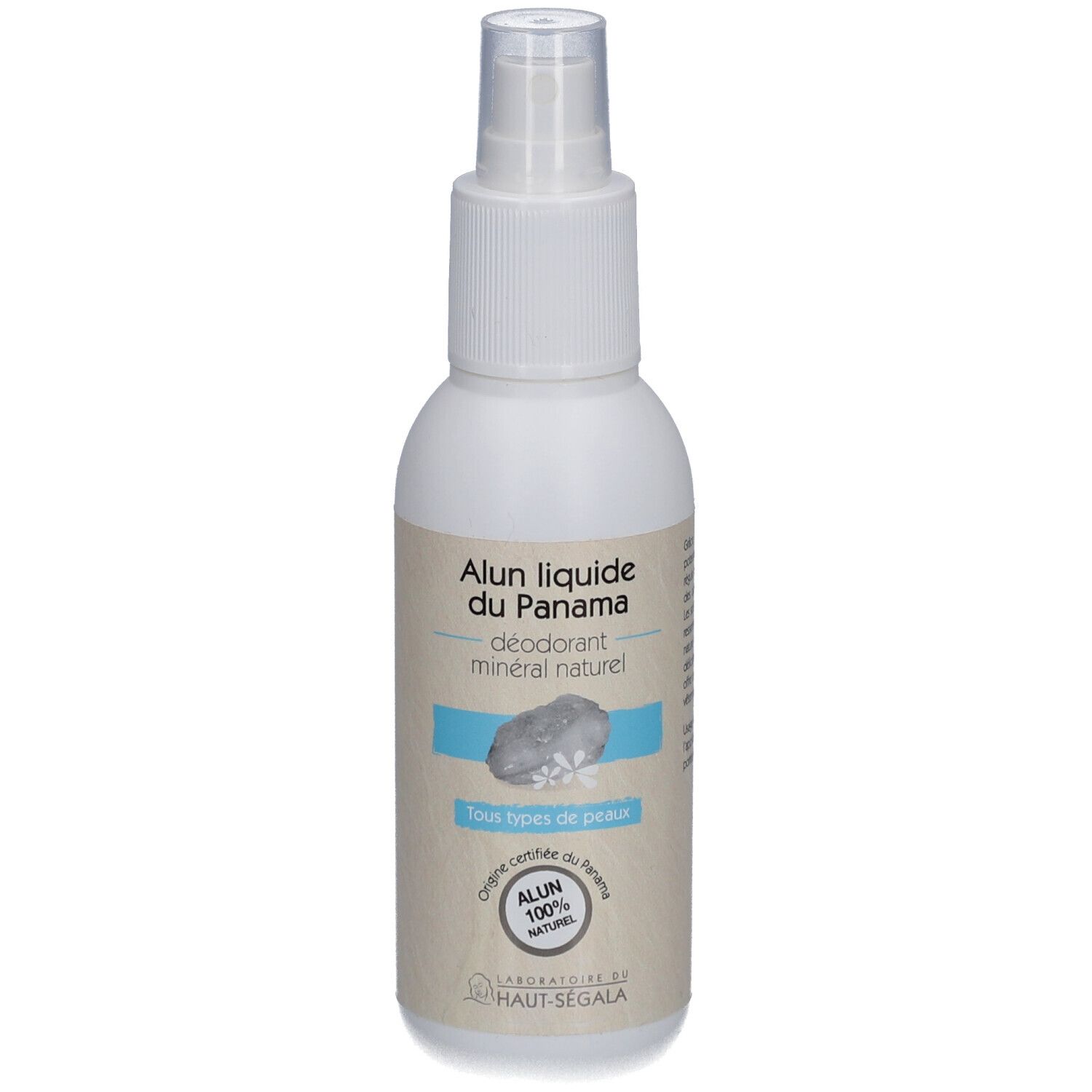 Flacon spray blanc avec étiquette. Inscription: Alun liquide du Panama, déodorant minéral naturel. Pour tous types de peaux.