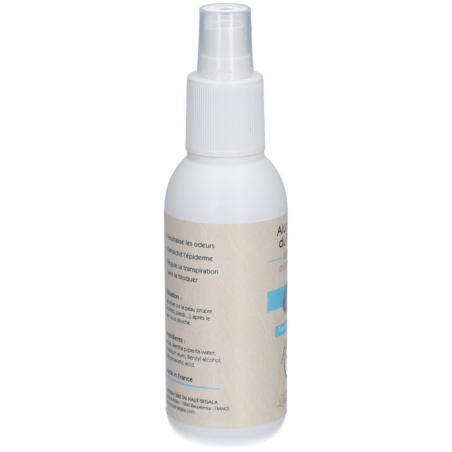 Vue arrière d'un flacon spray blanc. Texte: Alun liquide du Panama, déodorant minéral naturel. Ingrédients et mode d'emploi.