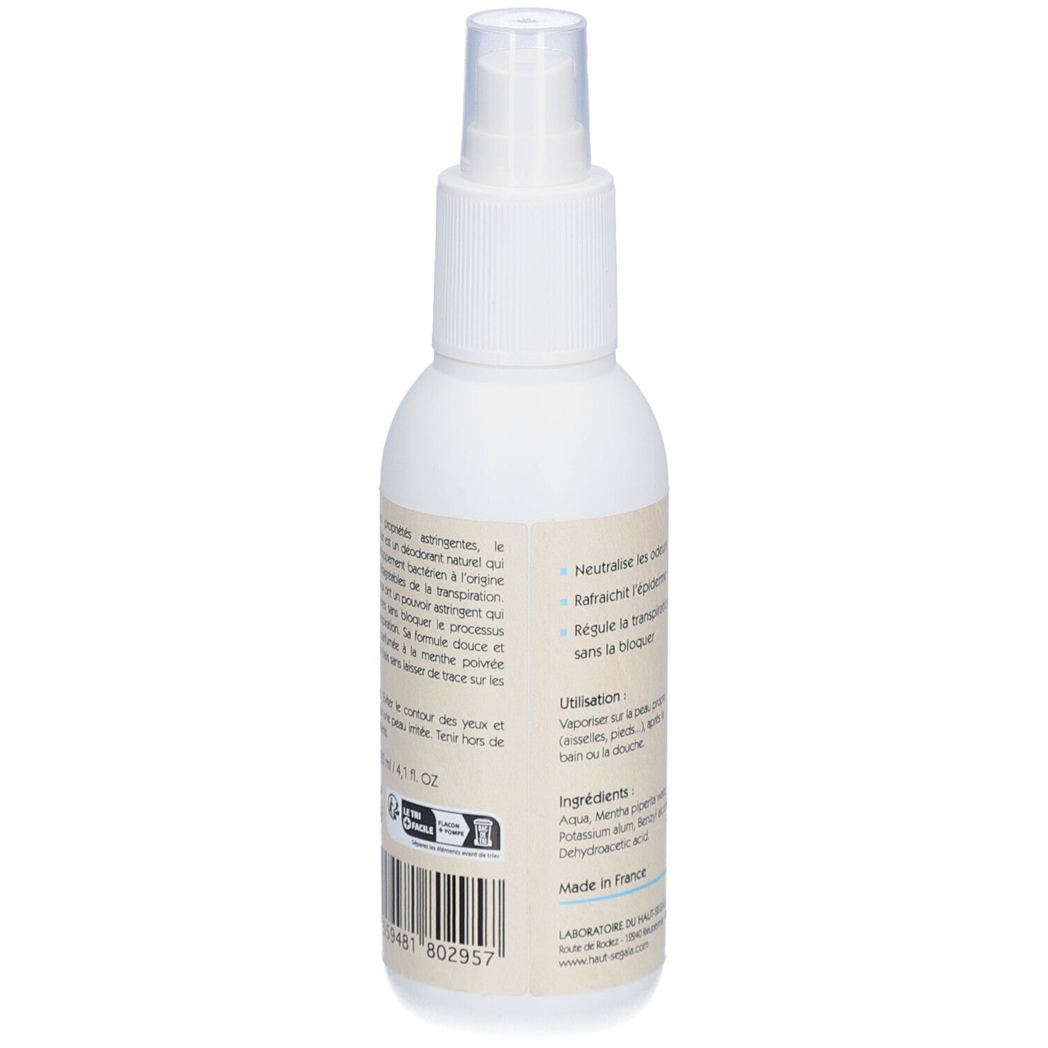Vue arrière d'un flacon spray blanc. Texte: Alun liquide du Panama, déodorant minéral naturel. Ingrédients et mode d'emploi.