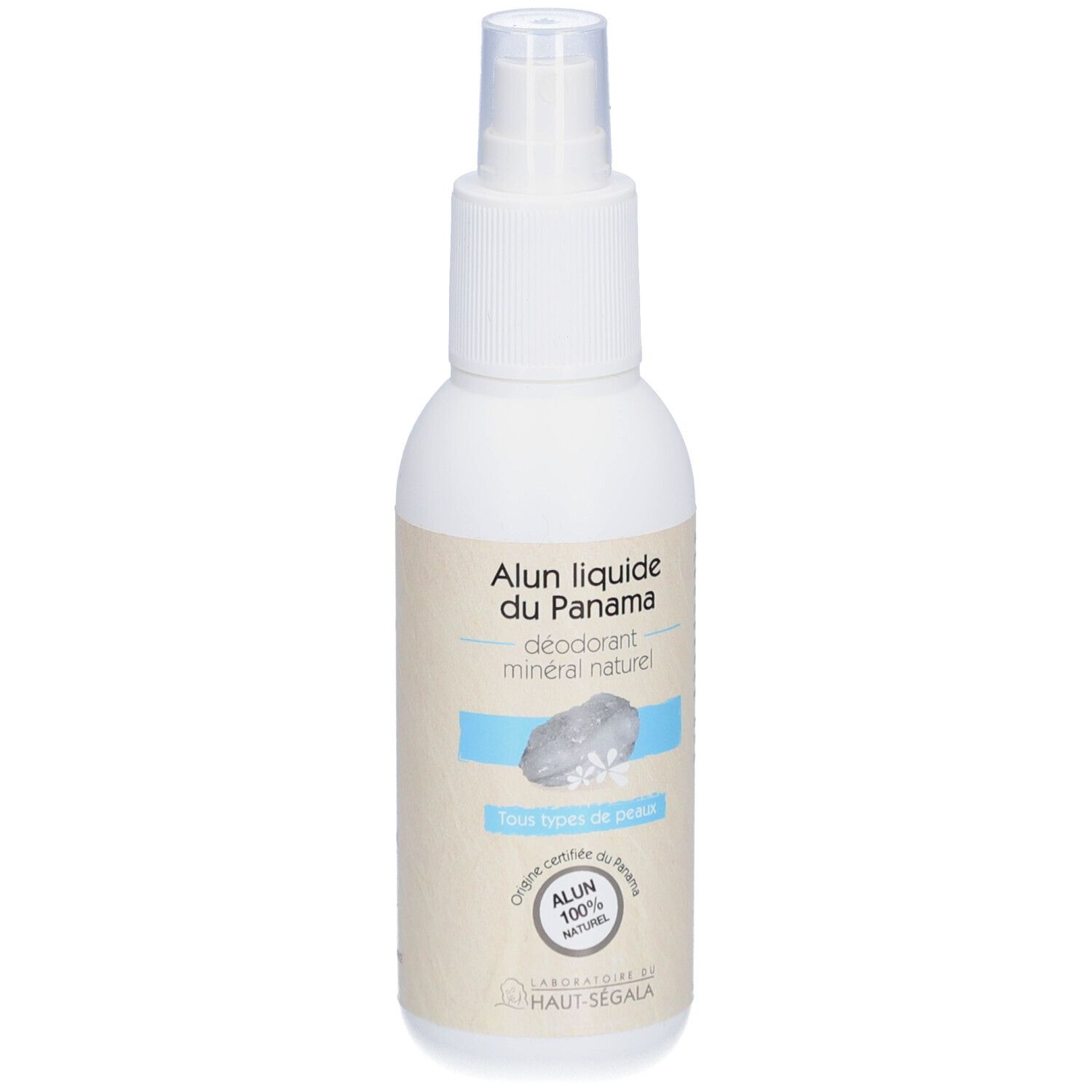 Flacon spray blanc avec étiquette. Inscription: Alun liquide du Panama, déodorant minéral naturel. Pour tous types de peaux.