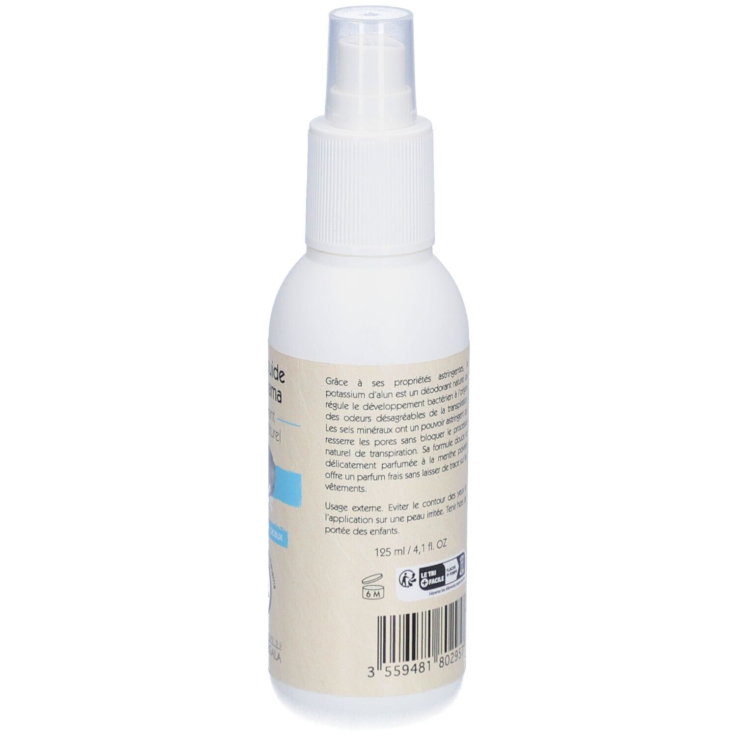 Vue arrière d'un flacon spray blanc. Texte: Alun liquide du Panama, déodorant minéral naturel. Ingrédients et mode d'emploi.