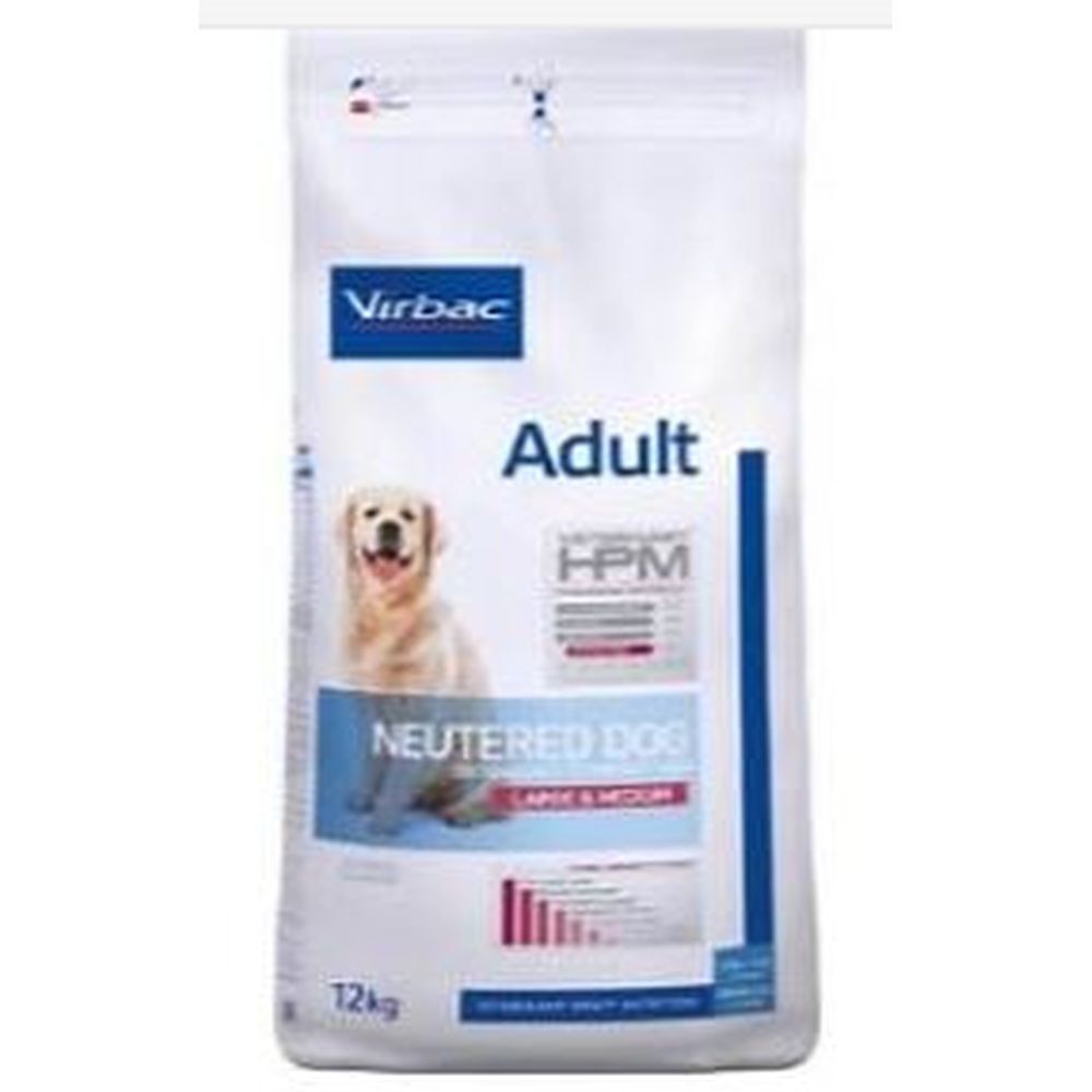 Sac de nourriture pour chiens. Inscription : Adult, Neutered Dog, Large & Medium. Marque : Virbac. Image d'un chien. Poids : 12 kg.