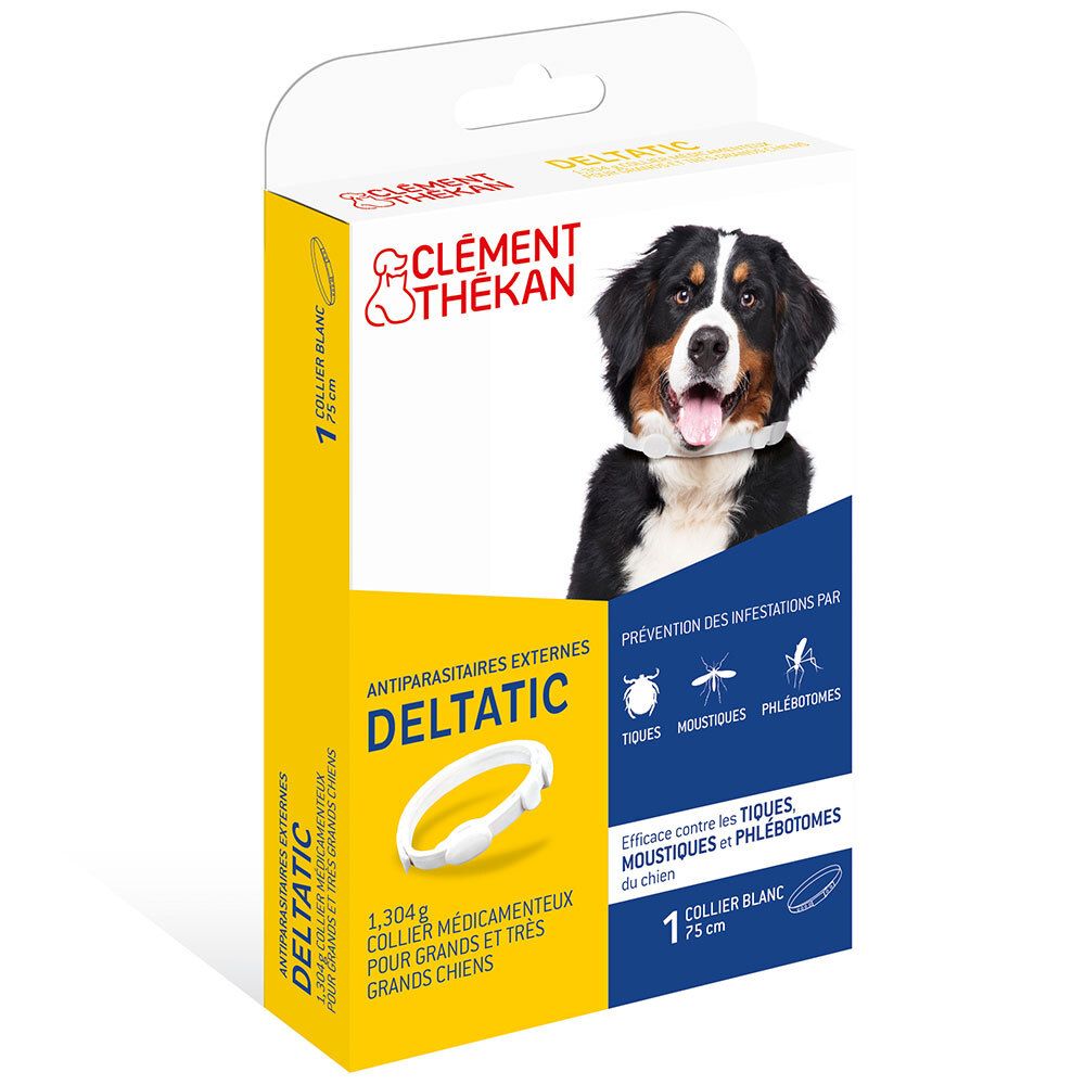 Boîte de collier antiparasitaire Deltatic. Marque Clément Thékan. Collier blanc pour chiens. Image d'un chien.