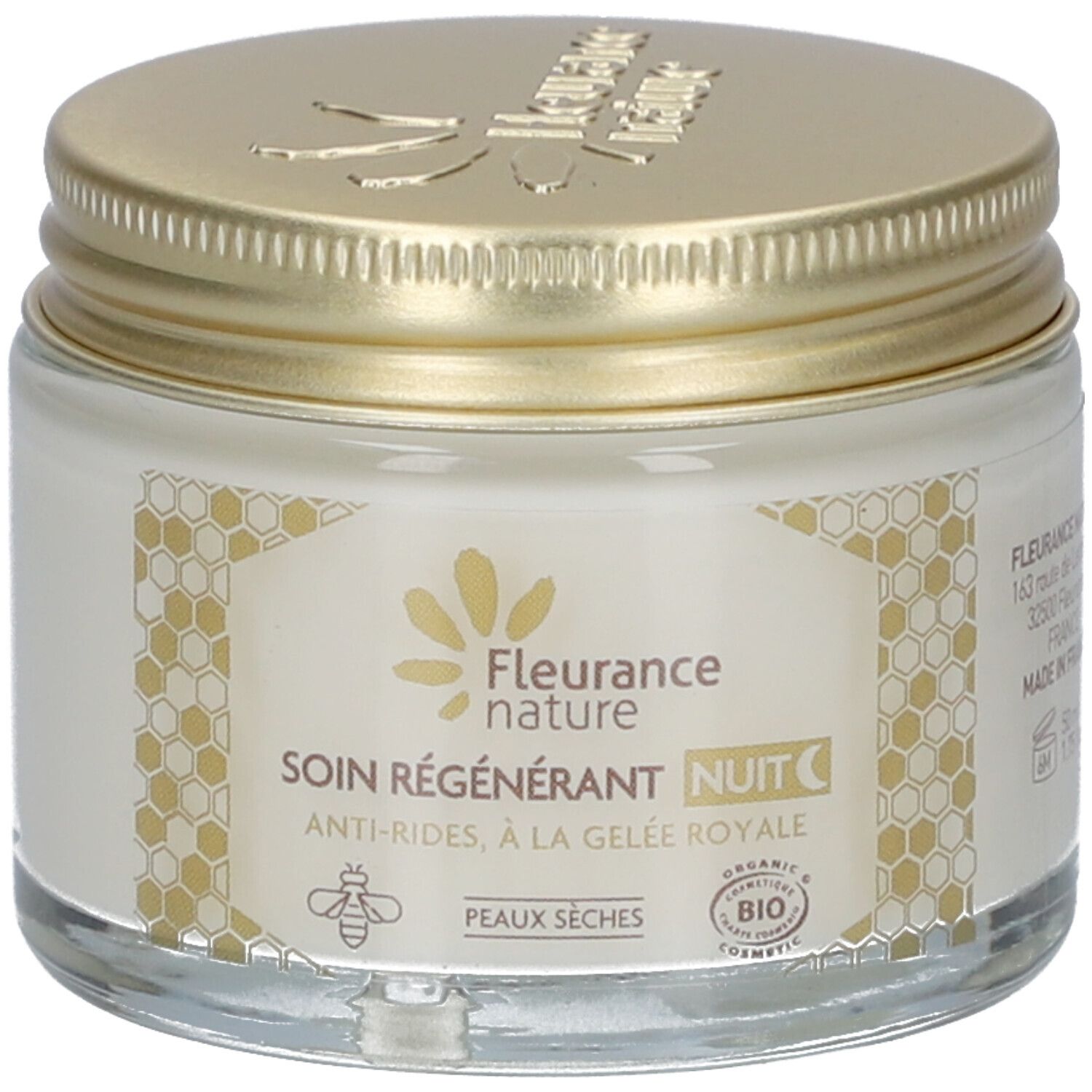 Pot de crème avec couvercle doré. Inscription: Fleurance nature, SOIN RÉGÉNÉRANT NUIT, Anti-Rides, à la Gelée Royale. Certification Bio.