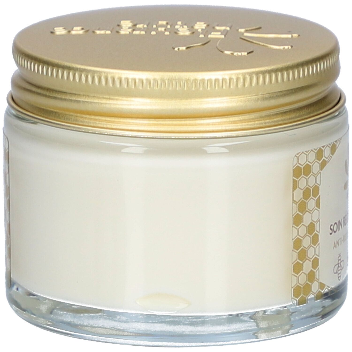 Pot de crème avec couvercle doré, vue latérale. Inscription illisible.