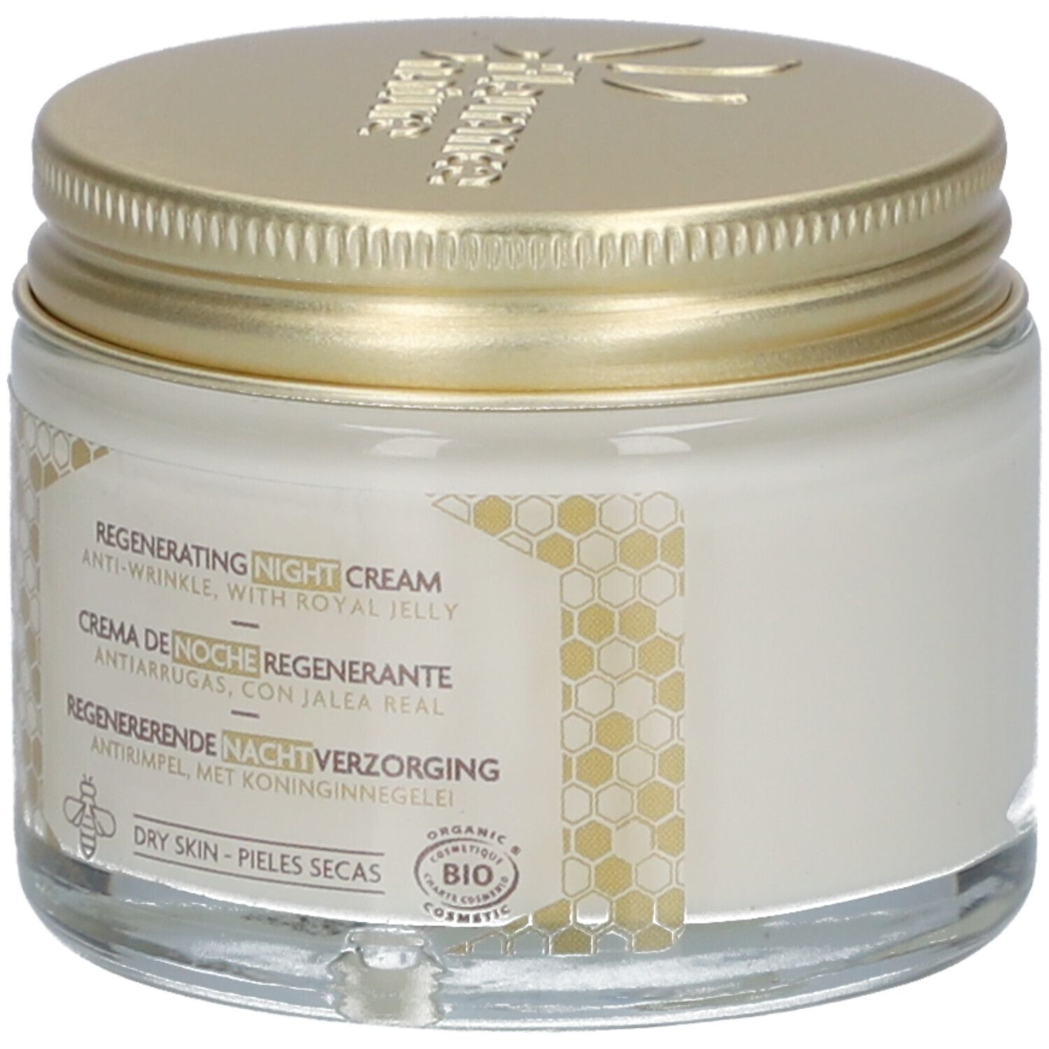 Pot de crème avec couvercle doré. Inscription: Regenerating Night Cream, Anti-Wrinkle, with Royal Jelly. Certification Bio.