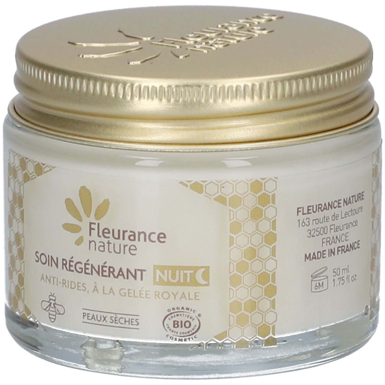 Pot de crème avec couvercle doré. Inscription: Fleurance nature, SOIN RÉGÉNÉRANT NUIT, Anti-Rides, à la Gelée Royale. Certification Bio.
