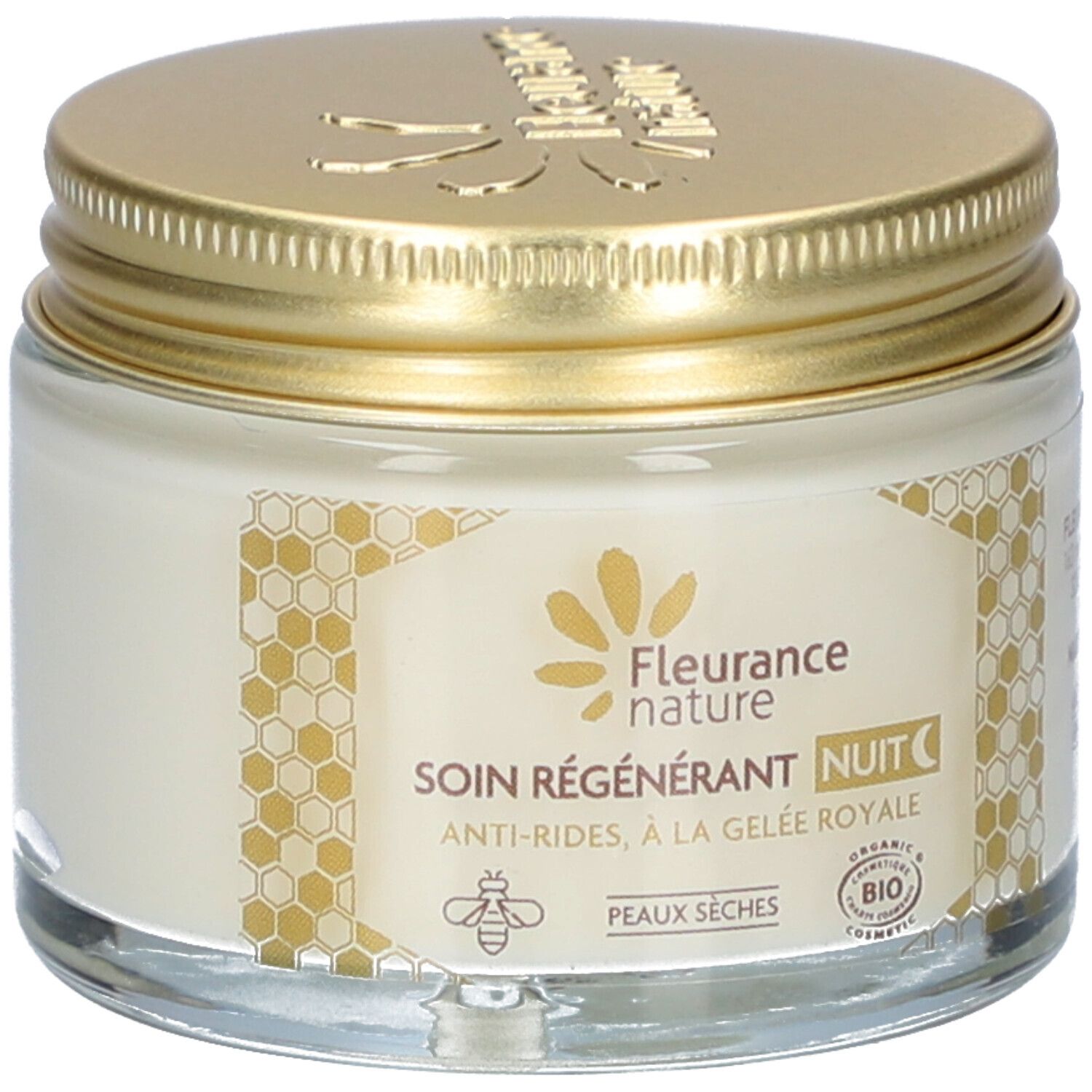 Pot de crème avec couvercle doré. Inscription: Fleurance nature, SOIN RÉGÉNÉRANT NUIT, Anti-Rides, à la Gelée Royale. Certification Bio.