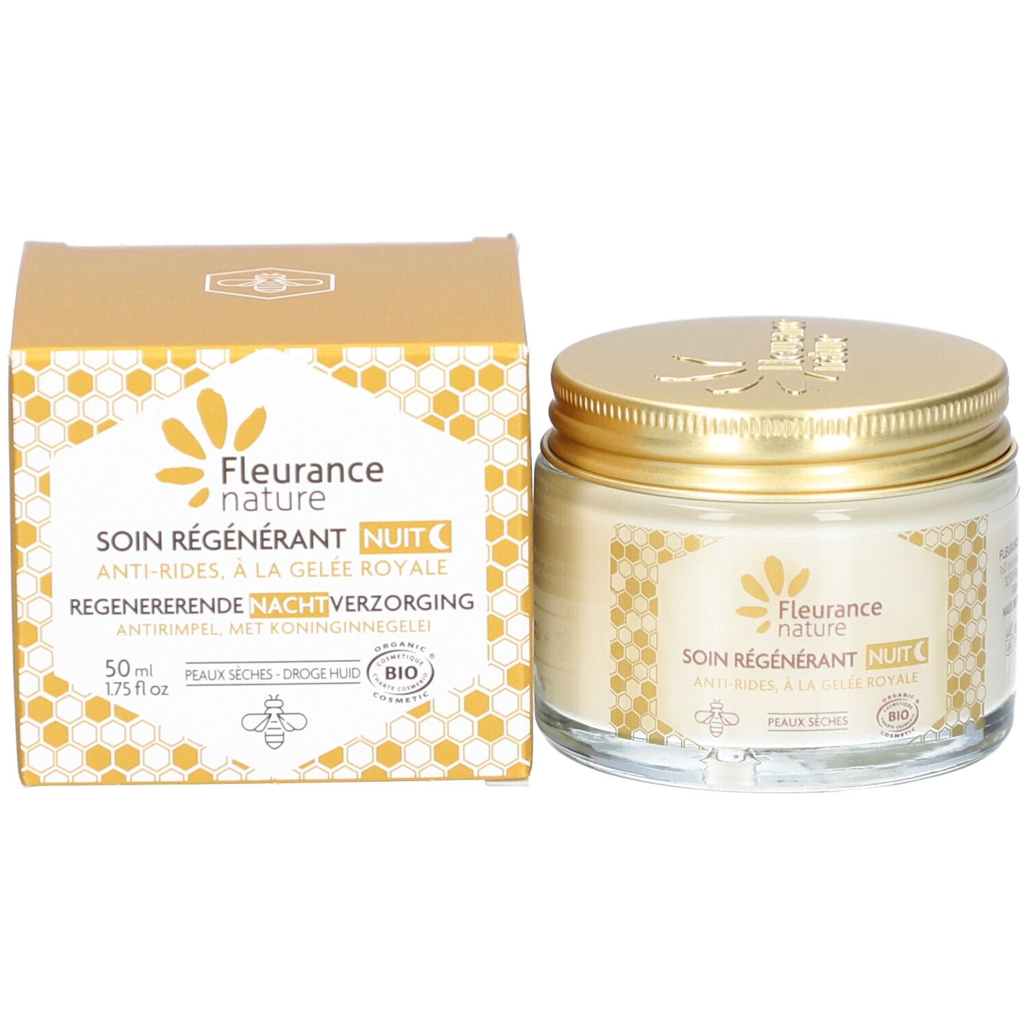 Pot de crème et boîte. Inscription: Fleurance nature, SOIN RÉGÉNÉRANT NUIT, Anti-Rides, à la Gelée Royale. Certification Bio.
