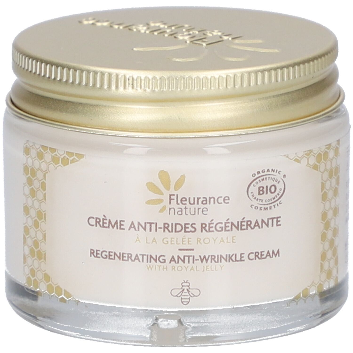 Pot de crème avec couvercle doré. Inscription : Crème Anti-Rides Régénérante, à la Gelée Royale. Certification Bio.