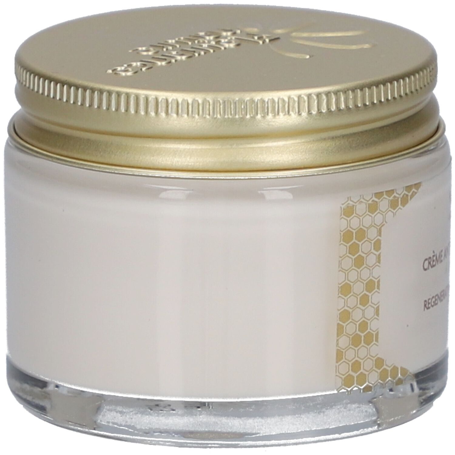 Pot de crème avec couvercle doré. Inscription : Crème Anti-Rides Régénérante. Motif nid d'abeilles sur le pot.