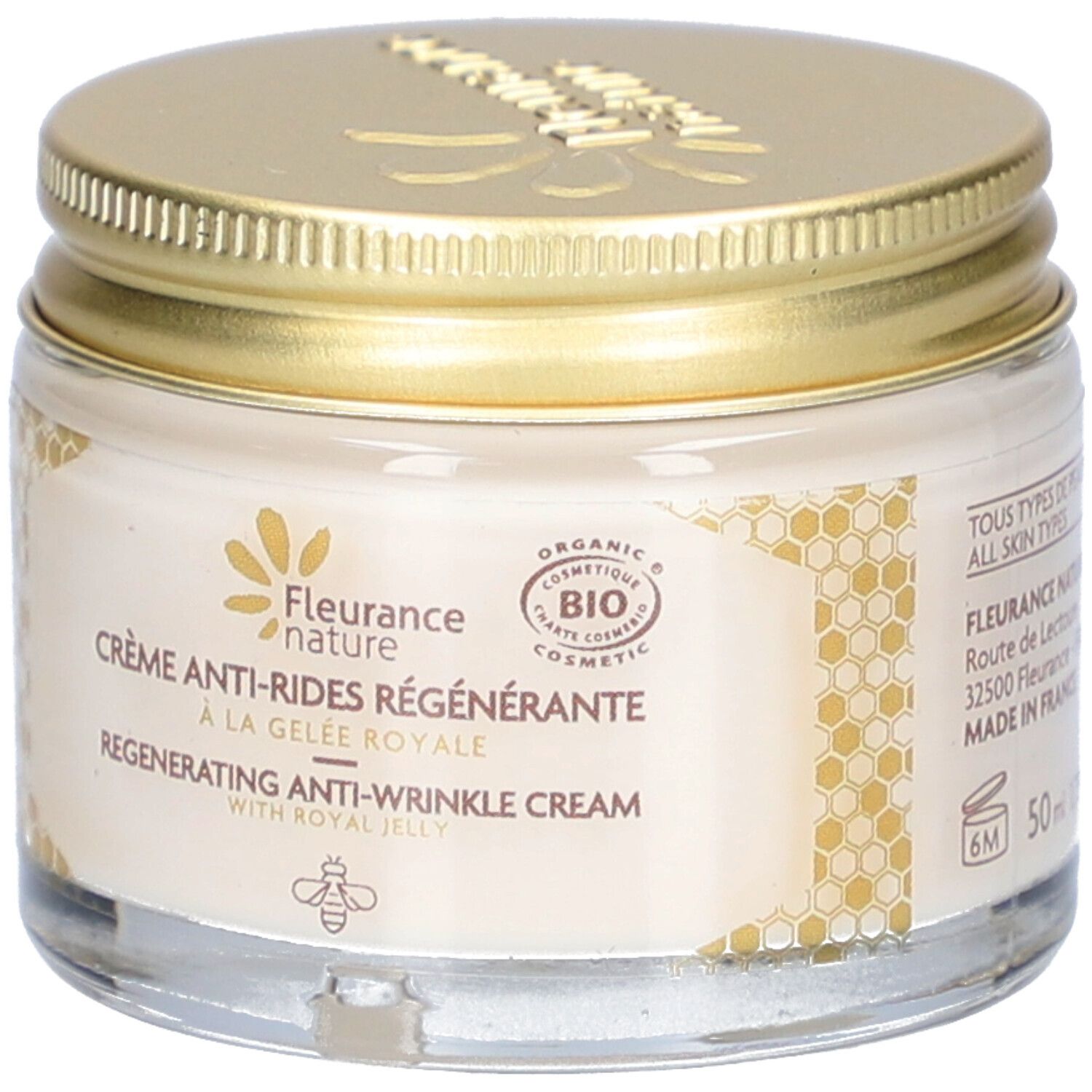 Pot de crème avec couvercle doré. Inscription : Crème Anti-Rides Régénérante, à la Gelée Royale. Certification Bio.