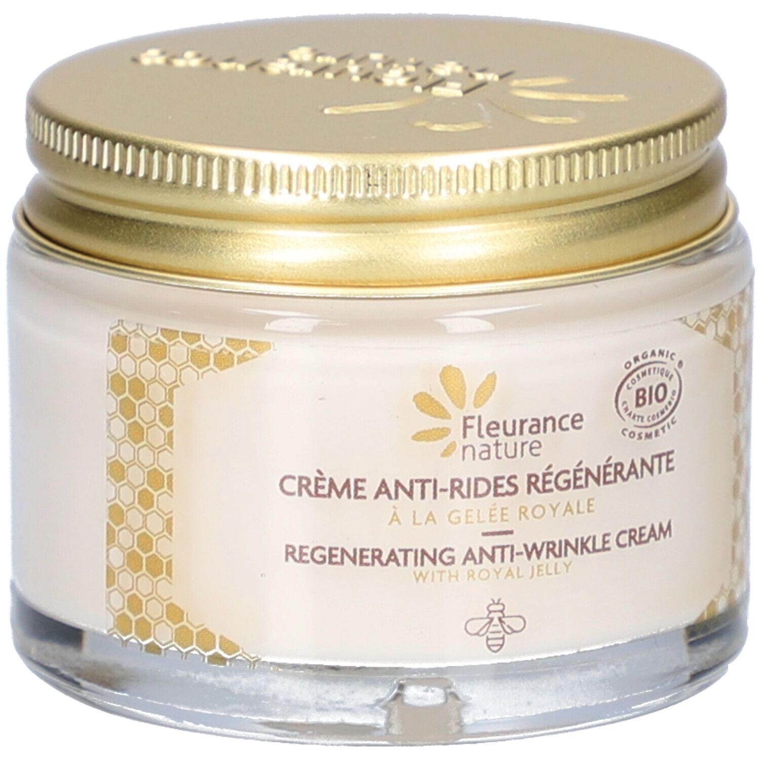 Pot de crème avec couvercle doré. Inscription : Crème Anti-Rides Régénérante, à la Gelée Royale. Abeille.