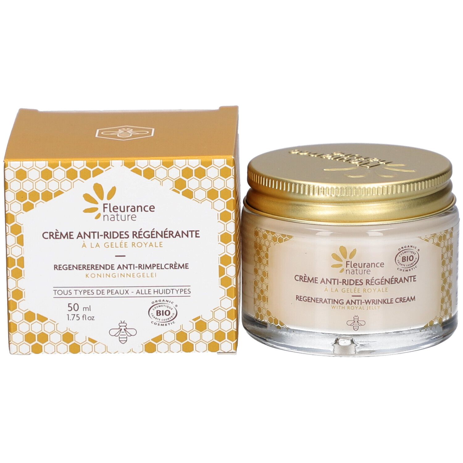 Pot de crème et boîte. Inscription : Crème Anti-Rides Régénérante, à la Gelée Royale. Certification Bio.