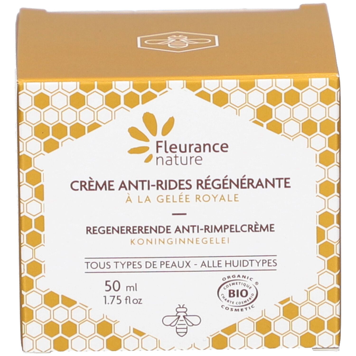 Boîte avec inscription : Crème Anti-Rides Régénérante, à la Gelée Royale. Certification Bio. Design nid d'abeilles.