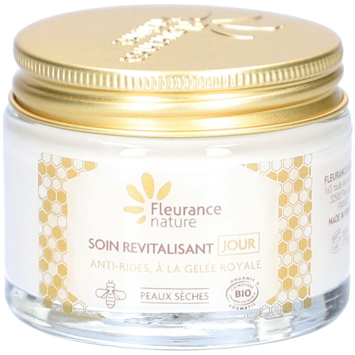 Pot de crème de jour avec couvercle doré. Inscription: Fleurance Nature, Soin Revitalisant Jour, Anti-Rides, à la Gelée Royale. Label Bio.