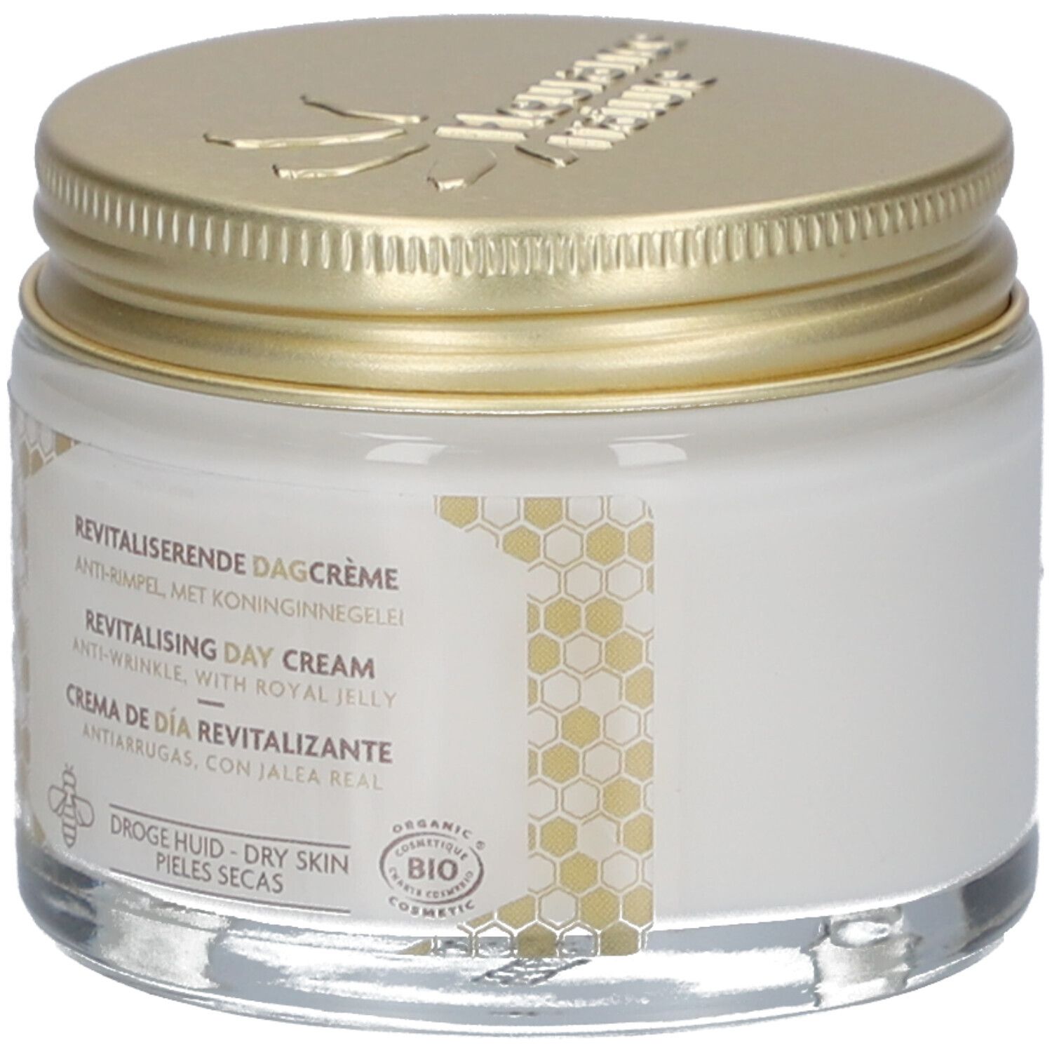 Pot avec couvercle doré. Inscription: Revitalisierende Dagcrème, Anti-Rimpel, met Koninginnegelei. Label Bio. Motif nid d'abeilles.