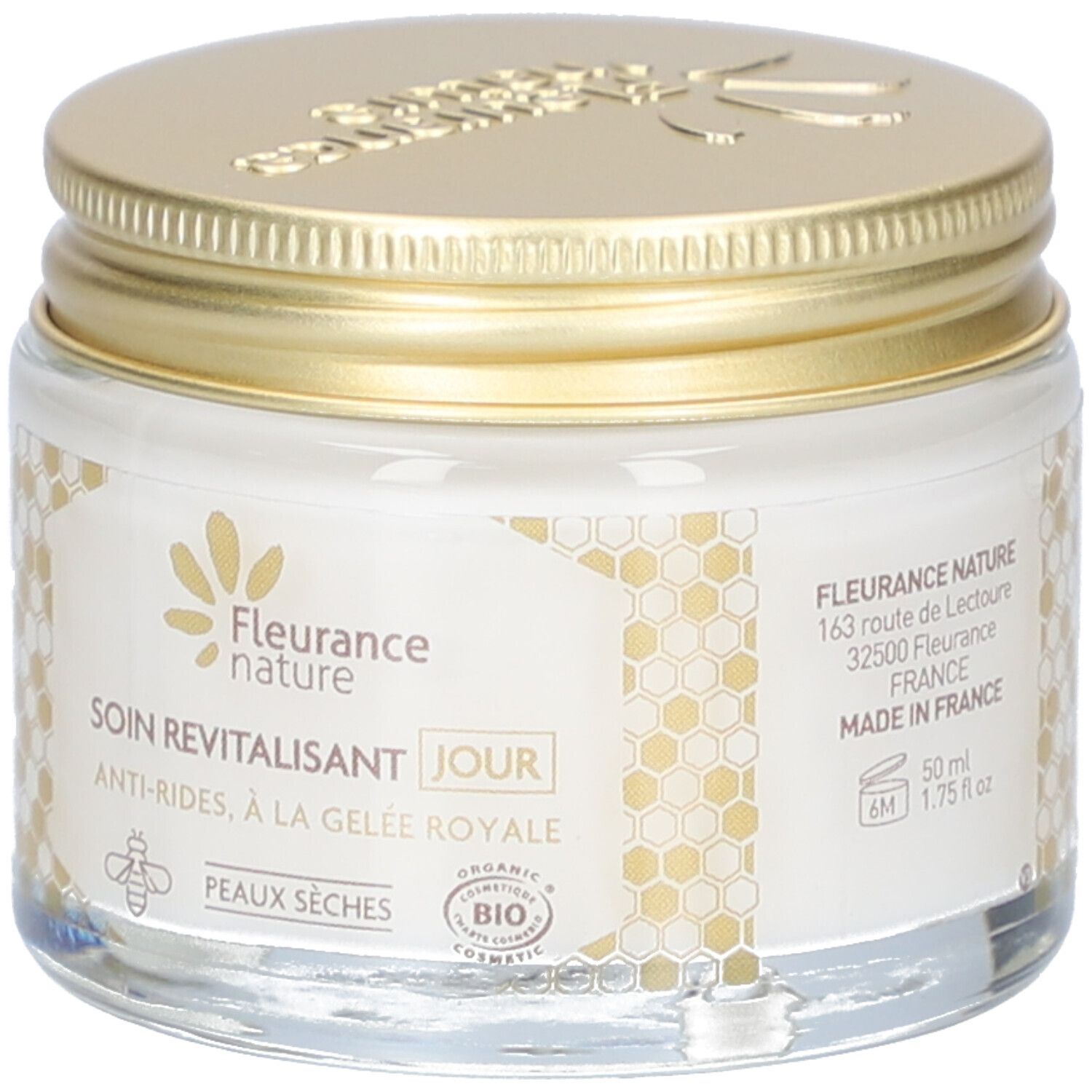Pot de crème de jour avec couvercle doré. Inscription: Fleurance Nature, Soin Revitalisant Jour, Anti-Rides, à la Gelée Royale. Label Bio.