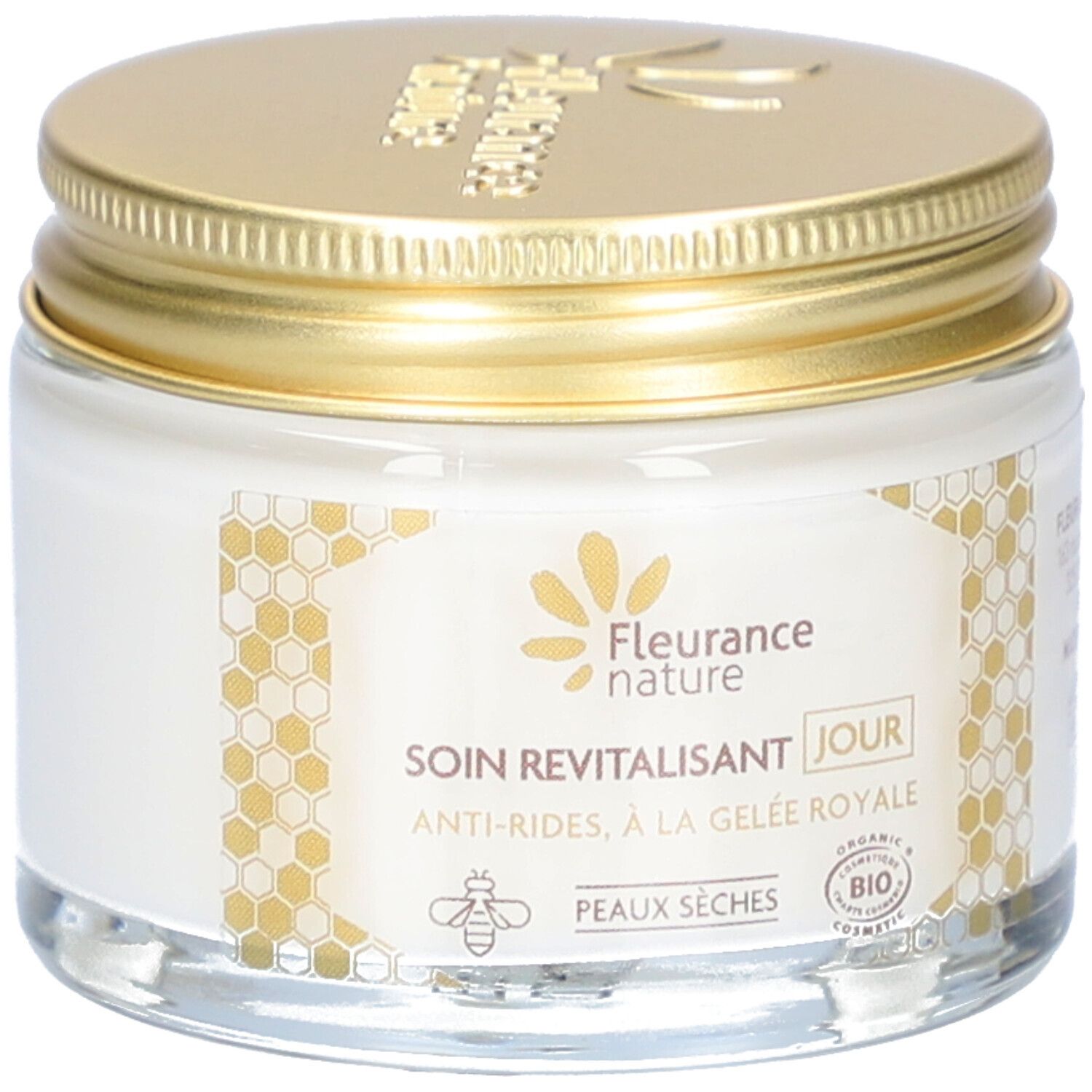 Pot de crème de jour avec couvercle doré. Inscription: Fleurance Nature, Soin Revitalisant Jour, Anti-Rides, à la Gelée Royale. Label Bio.