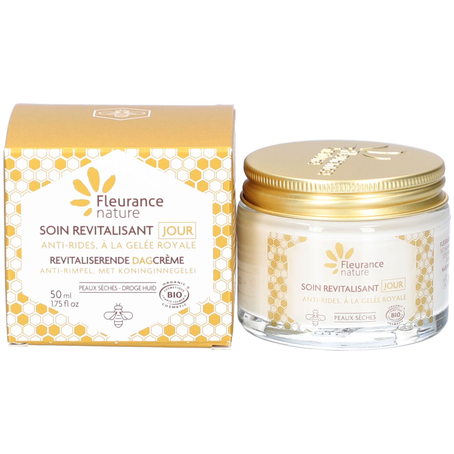 Emballage du produit avec pot de crème et carton. Inscription: Fleurance Nature, Soin Revitalisant Jour, Anti-Rides, à la Gelée Royale. Label Bio.