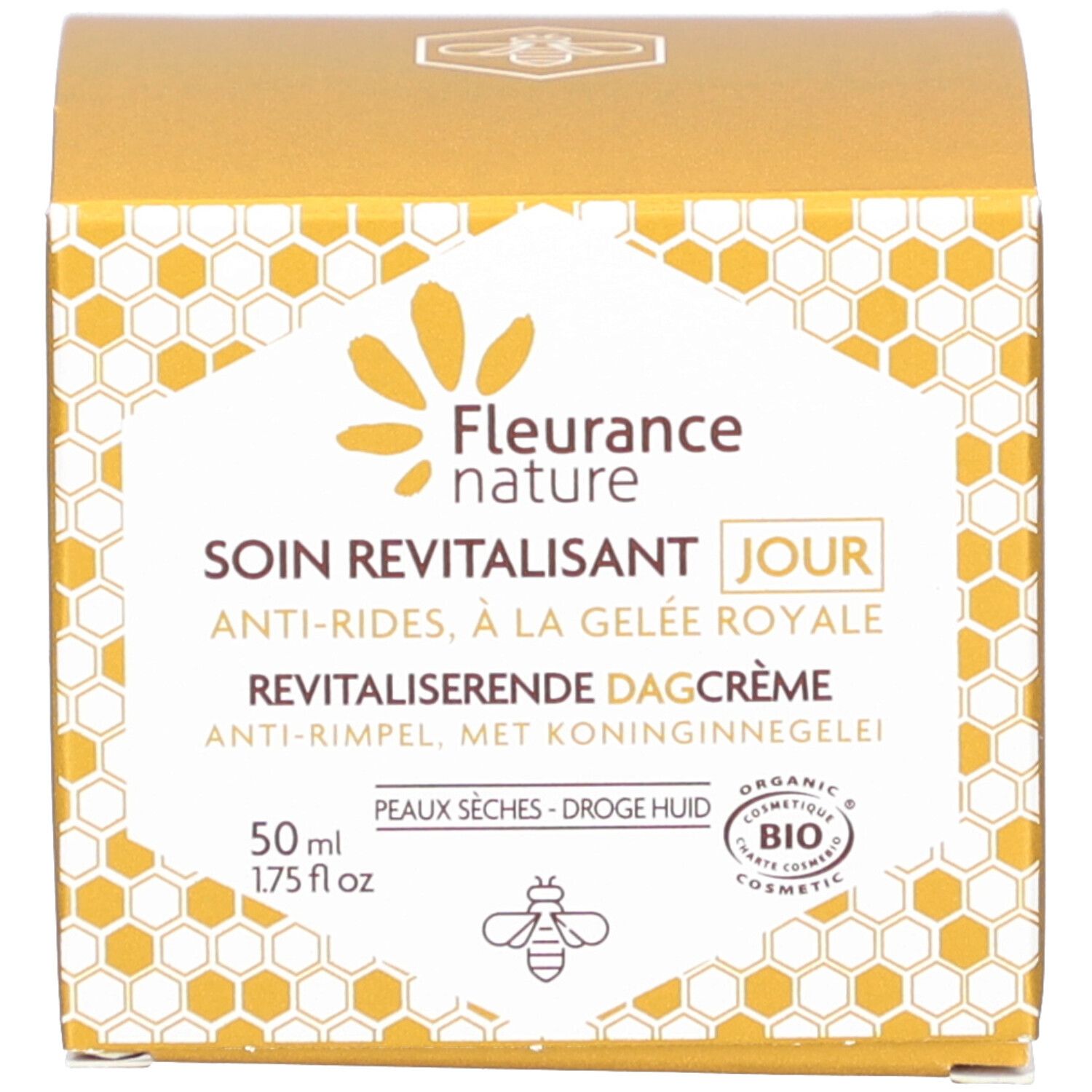 Emballage en carton. Inscription: Fleurance Nature, Soin Revitalisant Jour, Anti-Rides, à la Gelée Royale. Revitalisierende Dagcrème. Label Bio.