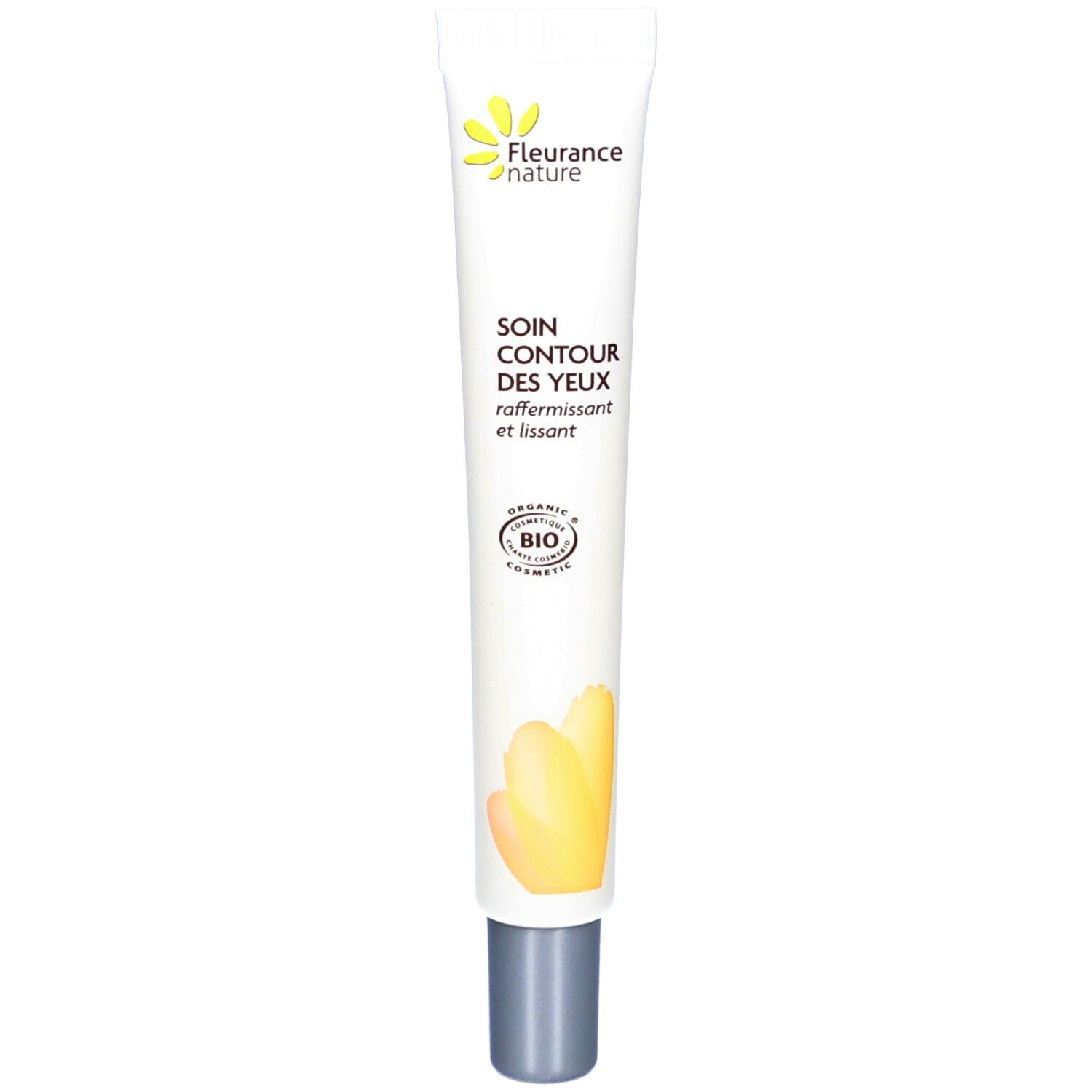 Tube blanc avec bouchon gris. Inscription: SOIN CONTOUR DES YEUX, certification bio.