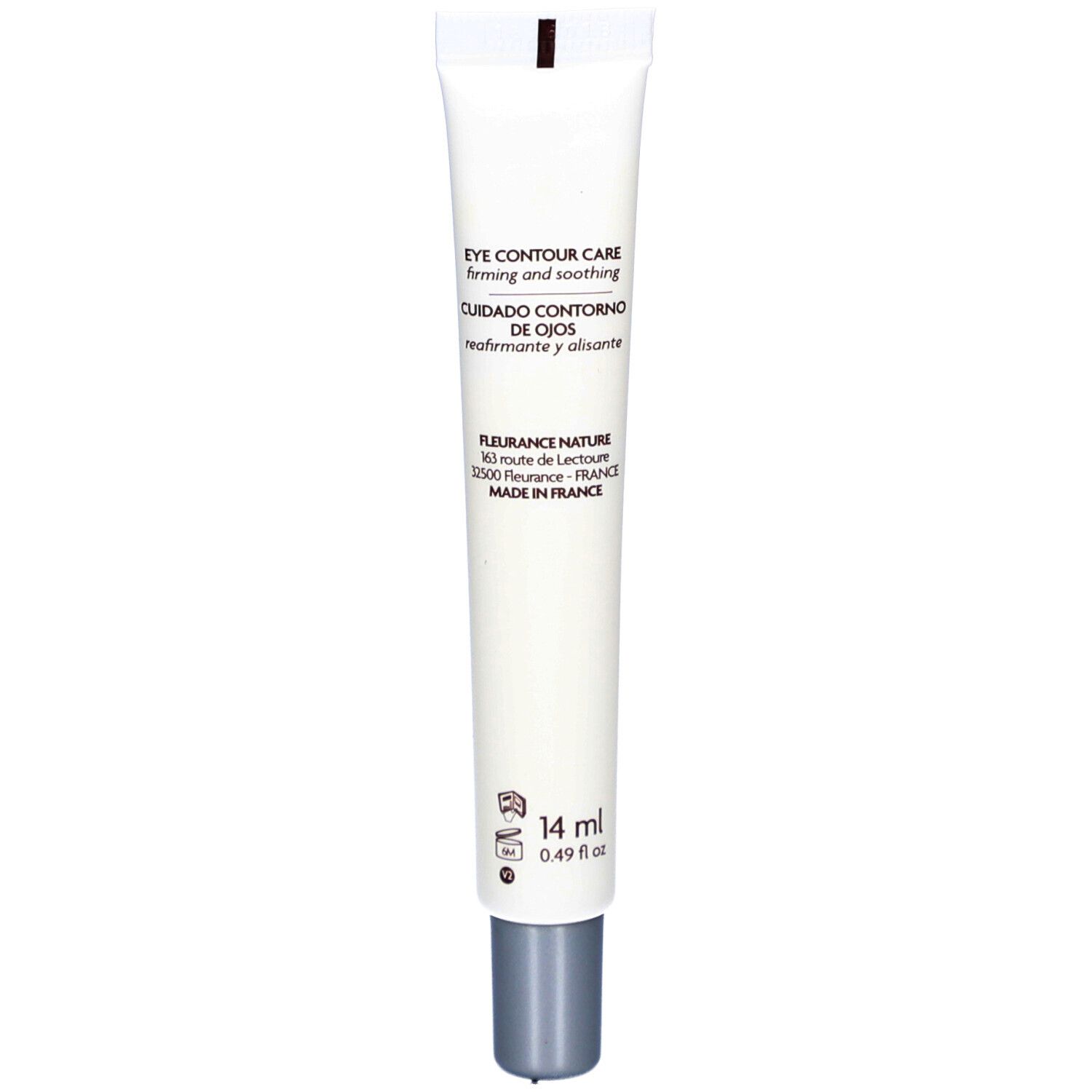 Tube blanc avec bouchon gris. Inscription: EYE CONTOUR CARE, 14 ml.