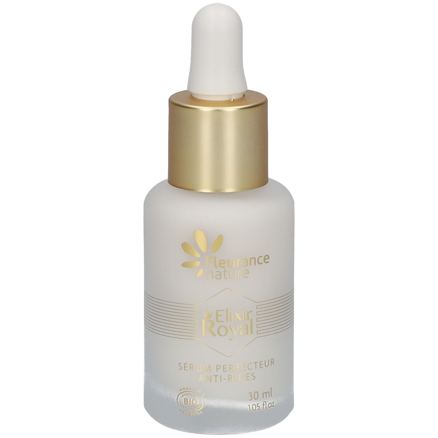 Flacon avec bouchon doré et pipette. Inscription: Elixir Royal, sérum perfecteur anti-rides. 30 ml.