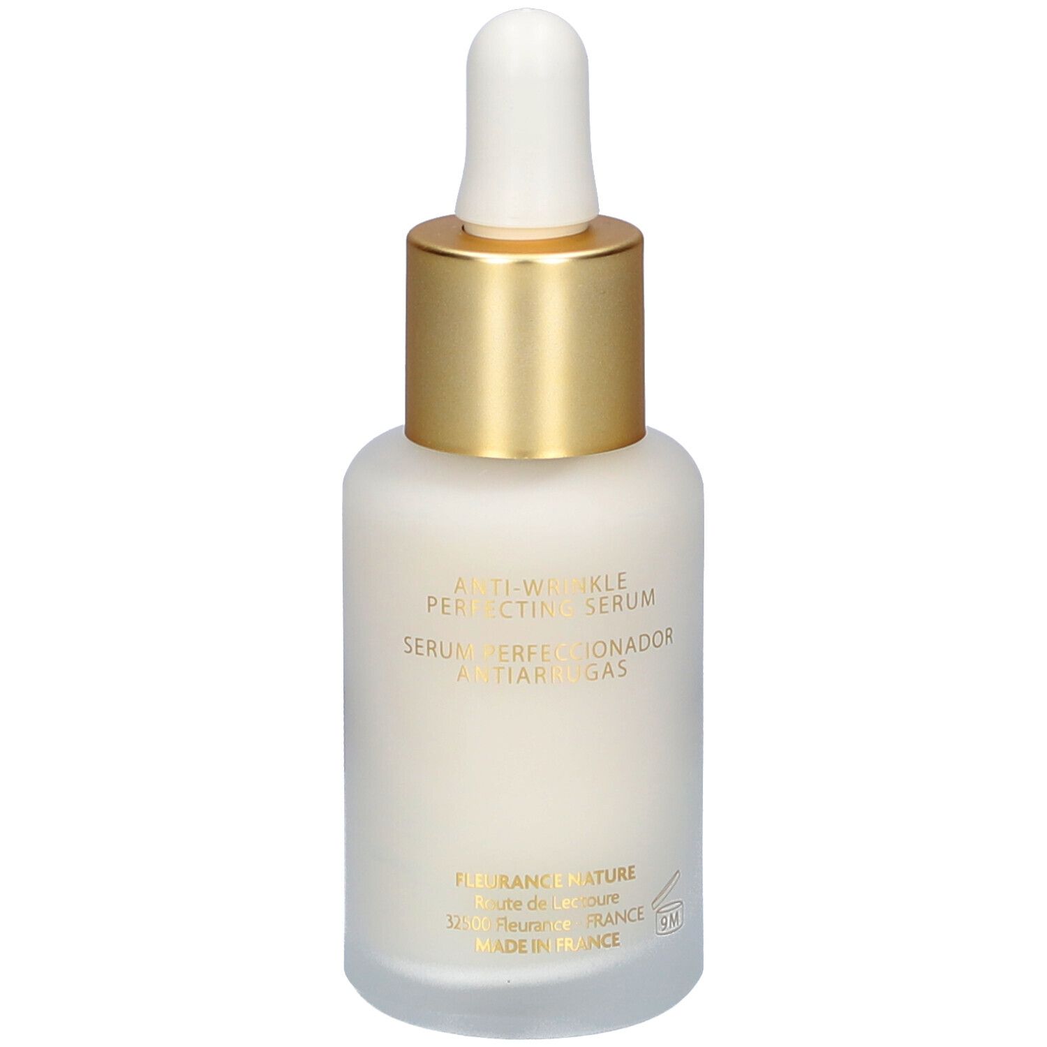 Flacon avec bouchon doré et pipette. Inscription: Anti-Wrinkle Perfecting Serum. 30 ml.