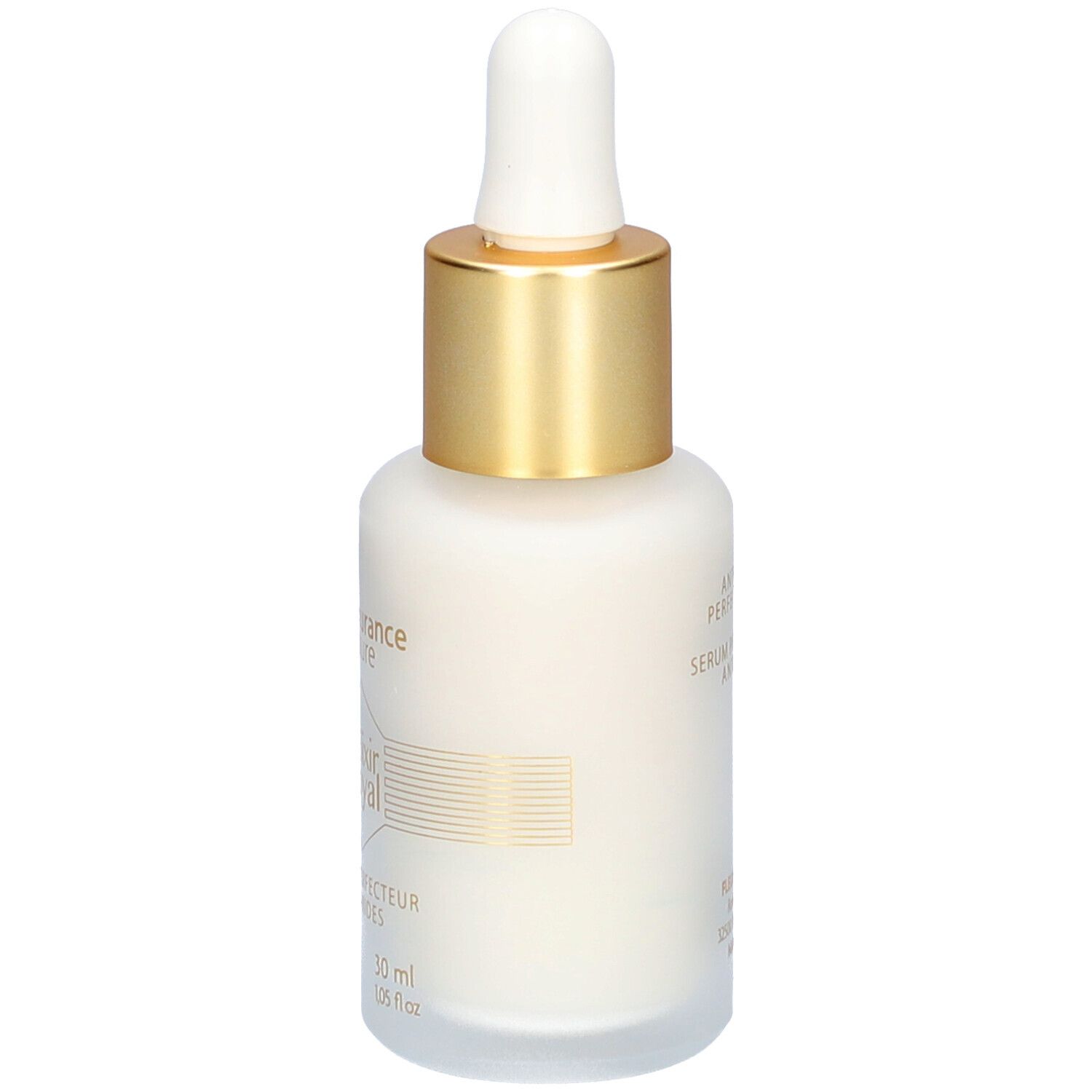 Dos du flacon avec bouchon doré. Inscription: Elixir Royal, sérum perfecteur anti-rides. 30 ml.