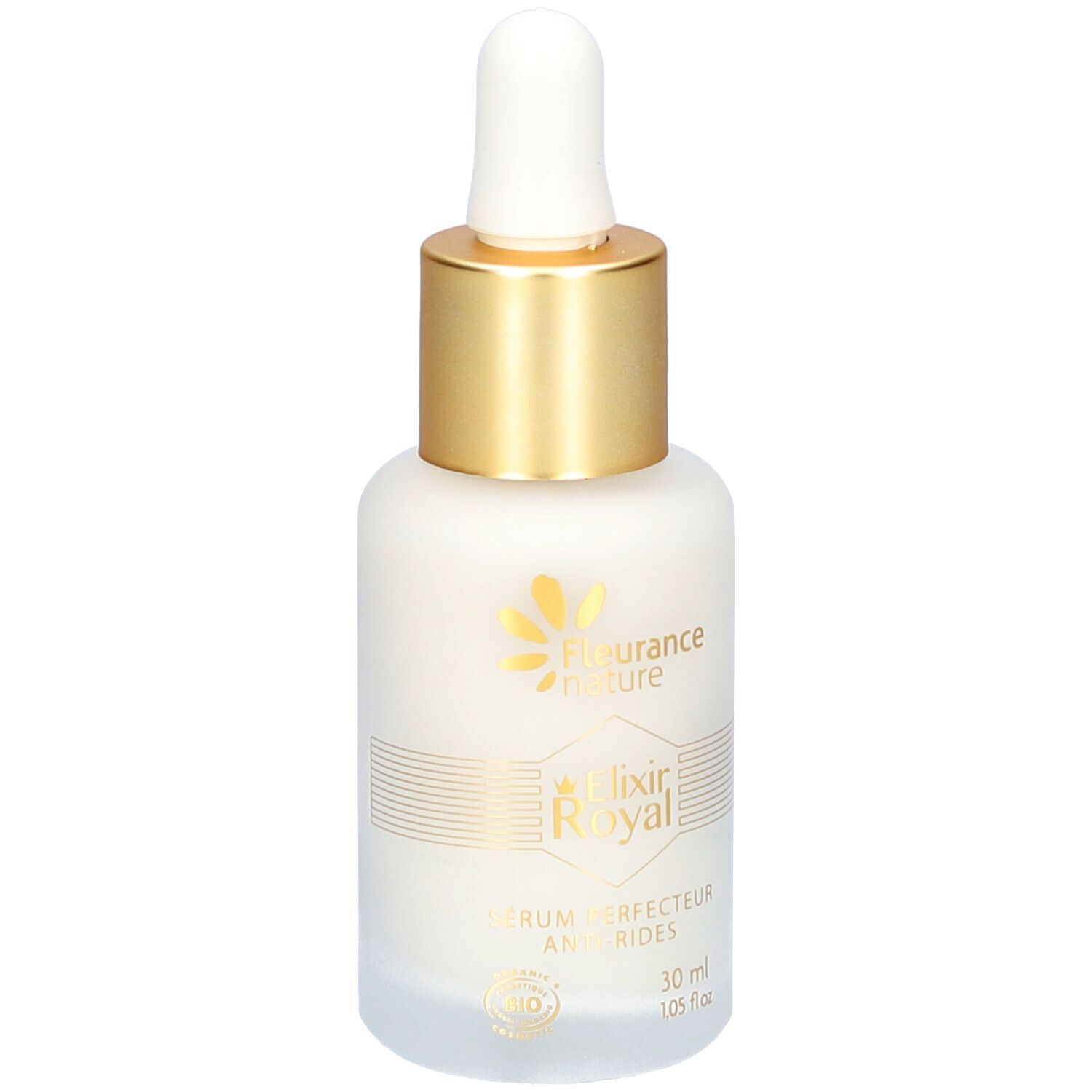 Flacon avec bouchon doré et pipette. Inscription: Elixir Royal, sérum perfecteur anti-rides. 30 ml. Certification bio.