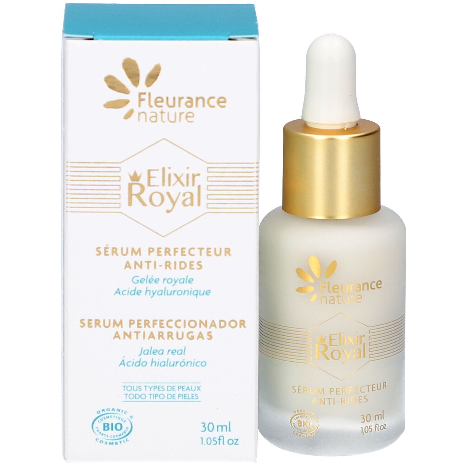 Flacon de produit à côté de l'emballage. Inscription: Elixir Royal, sérum perfecteur anti-rides. 30 ml. Certification bio.