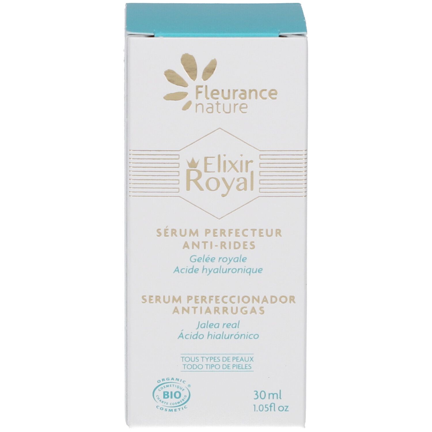 Emballage avec inscription: Elixir Royal, sérum perfecteur anti-rides. 30 ml. Certification bio.