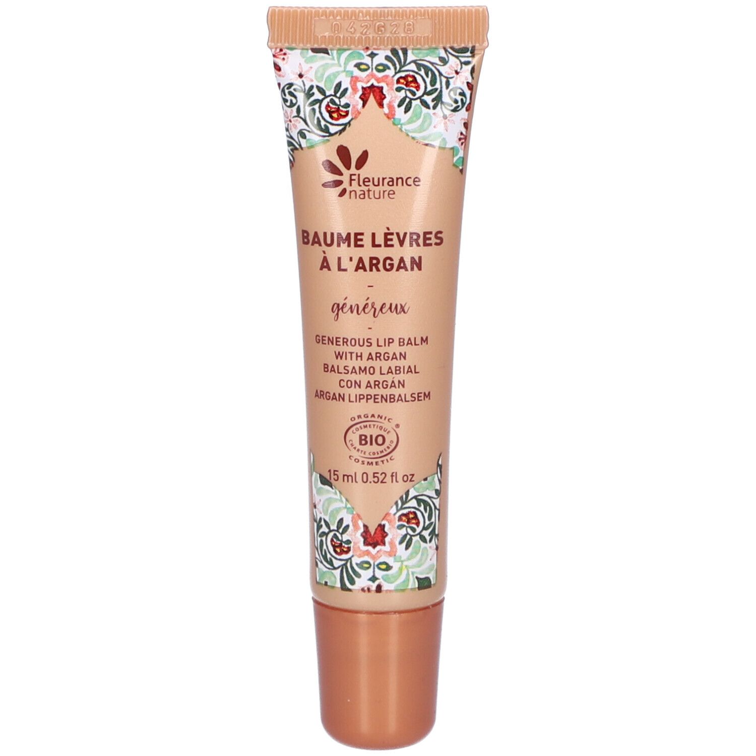 Tube de baume à lèvres avec motifs floraux. Texte: BAUME LÈVRES À L'ARGAN, certification BIO. Bouchon marron.