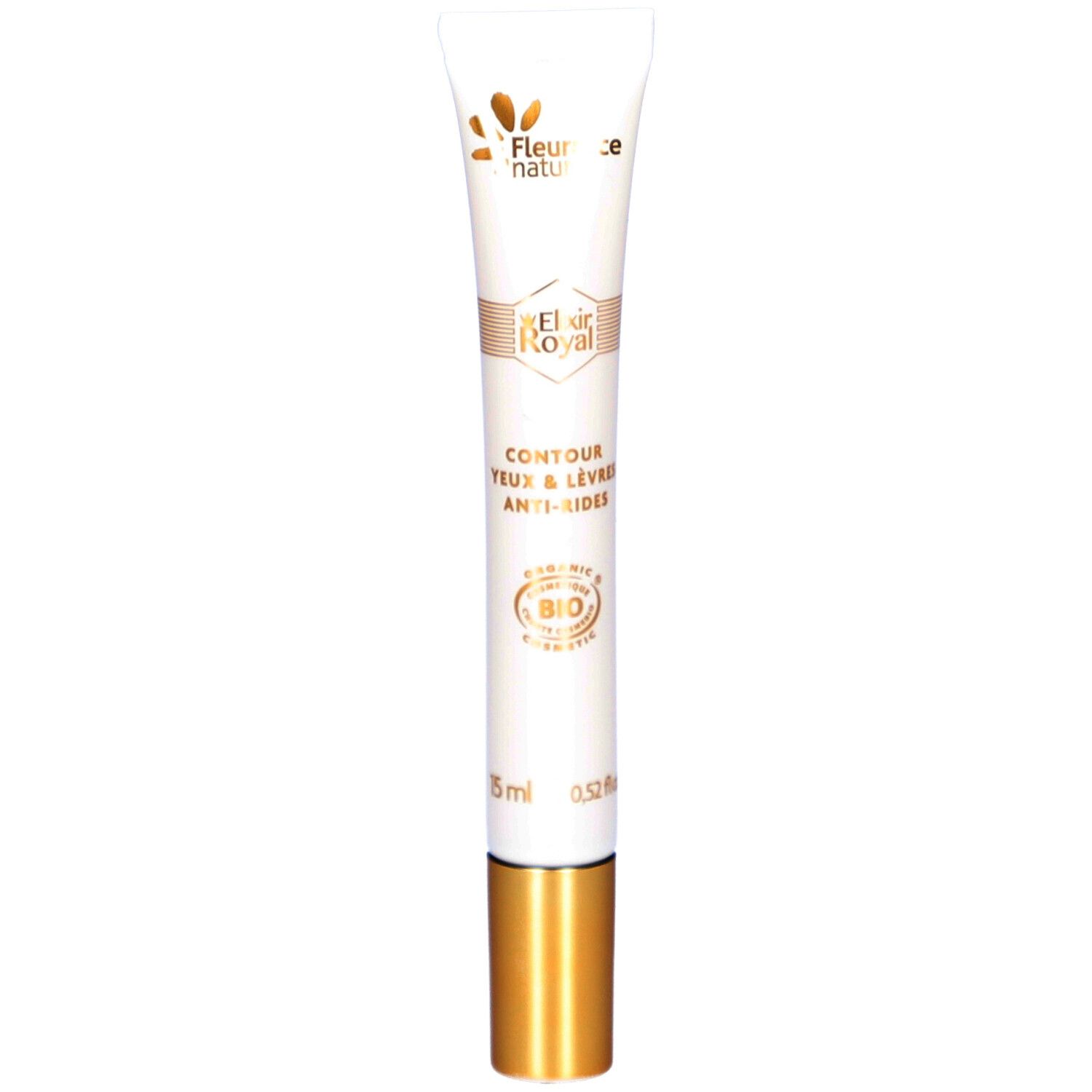 Tube blanc avec bouchon doré. Inscription: Elixir Royal, Contour Yeux & Lèvres Anti-Rides.