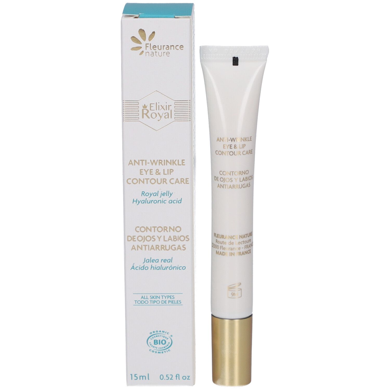 Produit et emballage. Tube et boîte blancs. Inscription: Elixir Royal, Anti-Wrinkle Eye & Lip Contour Care.
