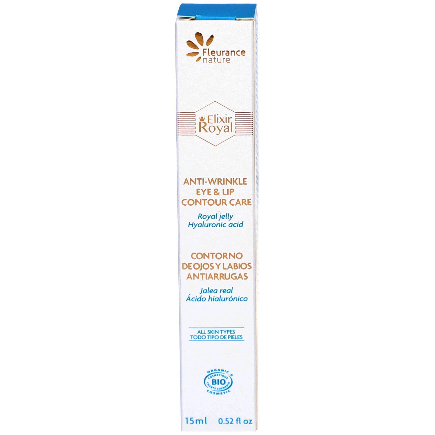 Boîte. Inscription: Elixir Royal, Anti-Wrinkle Eye & Lip Contour Care. Certification bio.