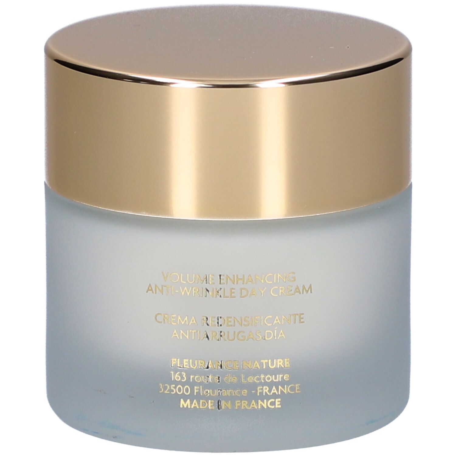 Pot de crème avec couvercle doré. Inscription: Volume Enhancing Anti-Wrinkle Day Cream. Fabriqué en France.
