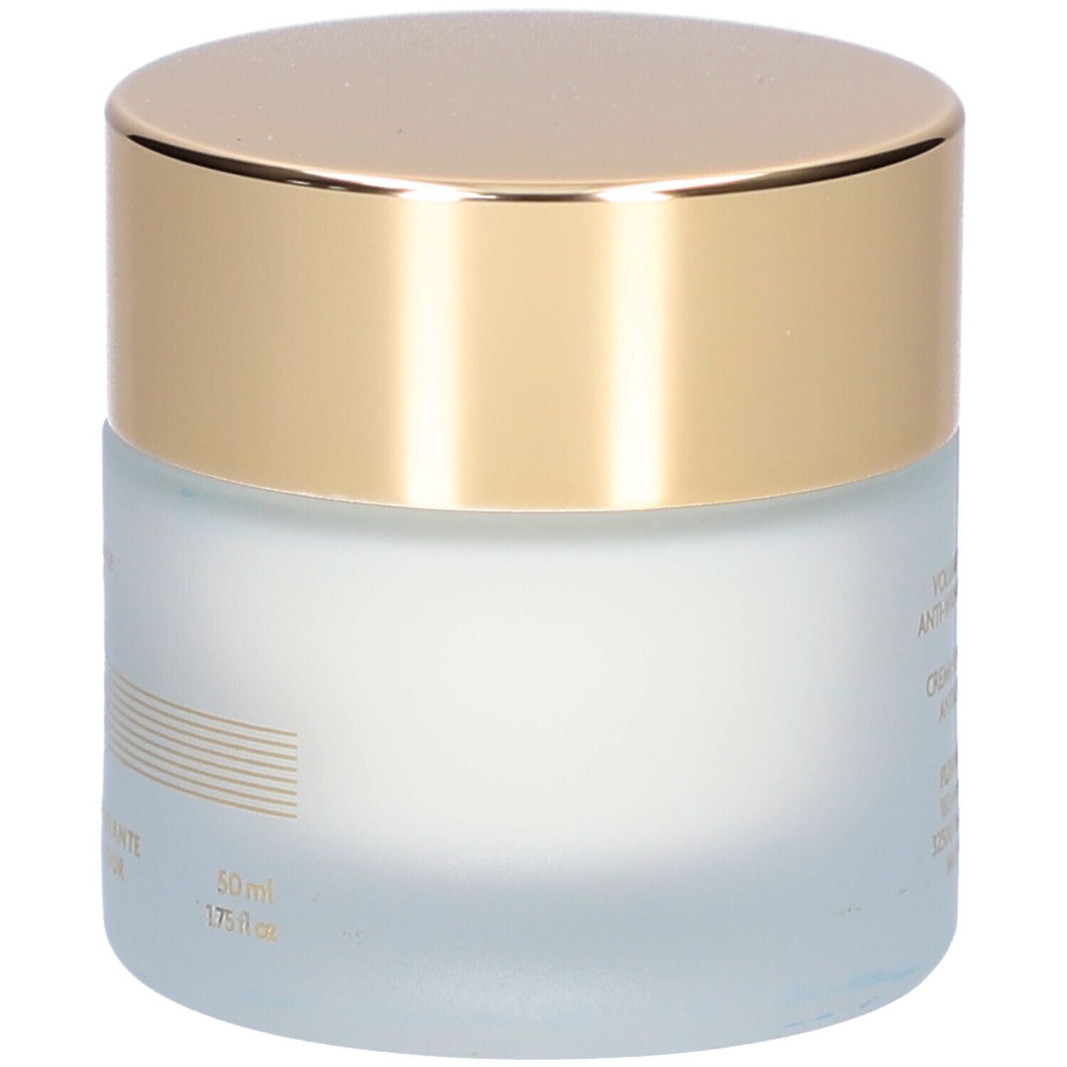 Pot de crème avec couvercle doré. Inscriptions sur le côté. Verre bleuté. 50 ml.