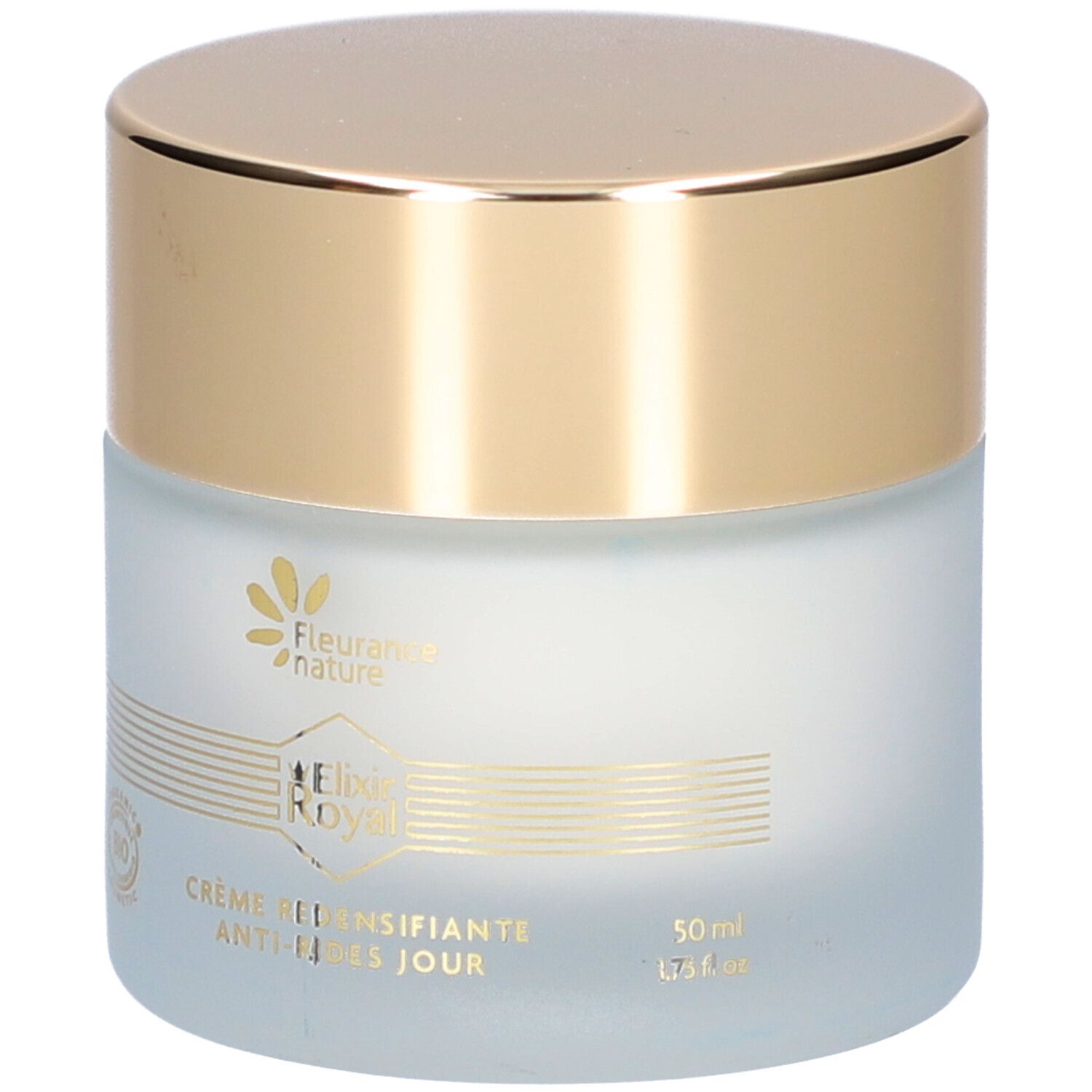 Pot de crème avec couvercle doré. Inscription: Elixir Royal, Crème Redensifiante Anti-Rides Jour. 50 ml.