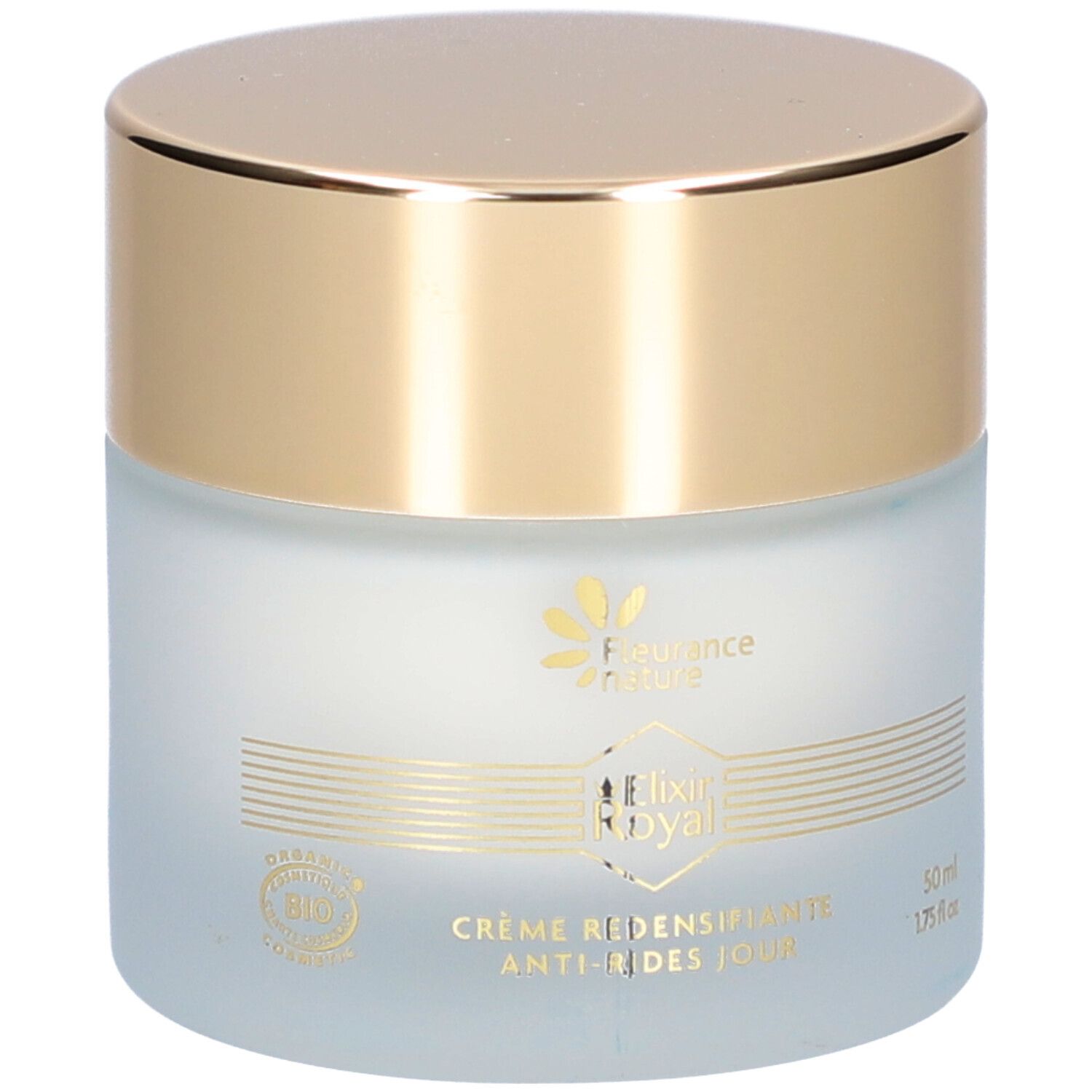 Pot de crème avec couvercle doré. Inscription: Elixir Royal, Crème Redensifiante Anti-Rides Jour. Certification Bio.