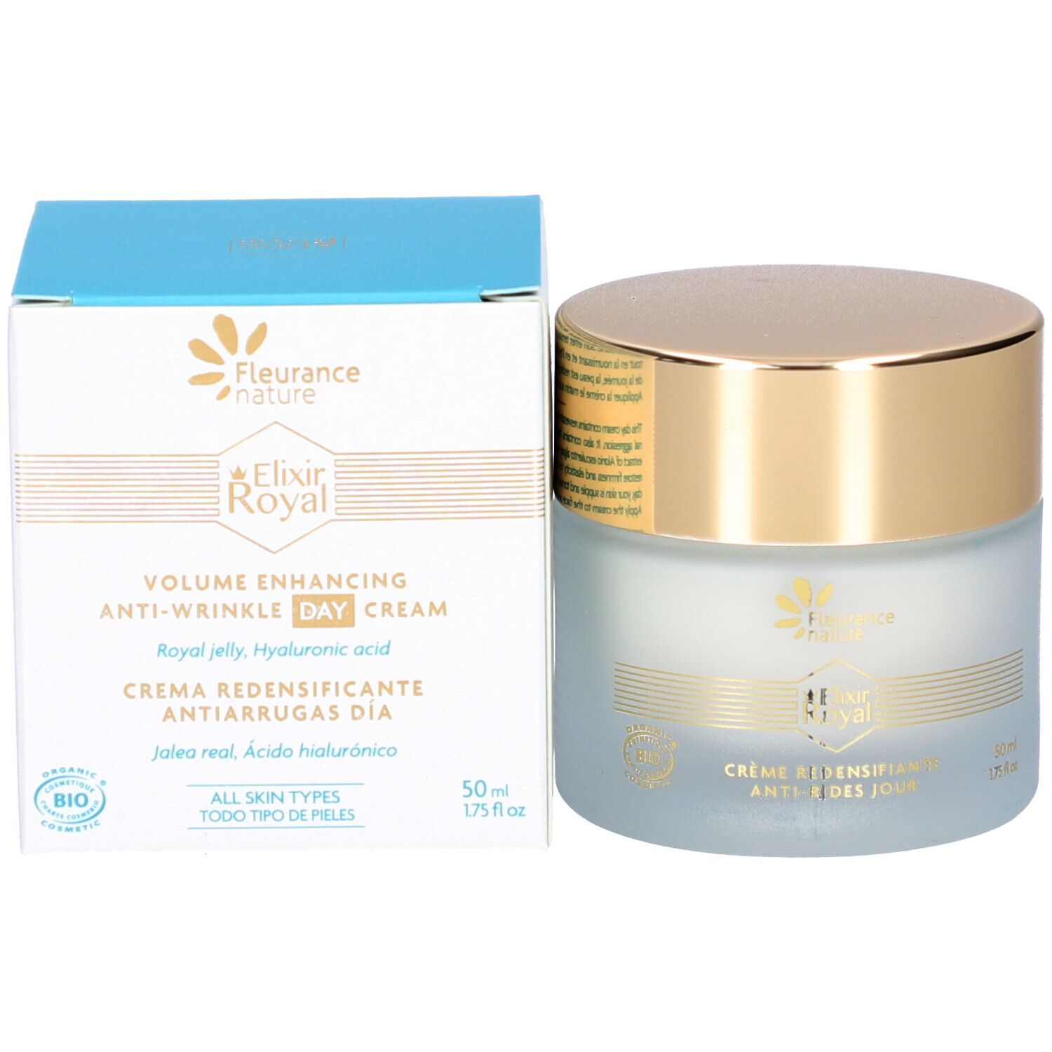 Pot de crème et boîte. Inscription: Volume Enhancing Anti-Wrinkle Day Cream. 50 ml. Certification Bio.
