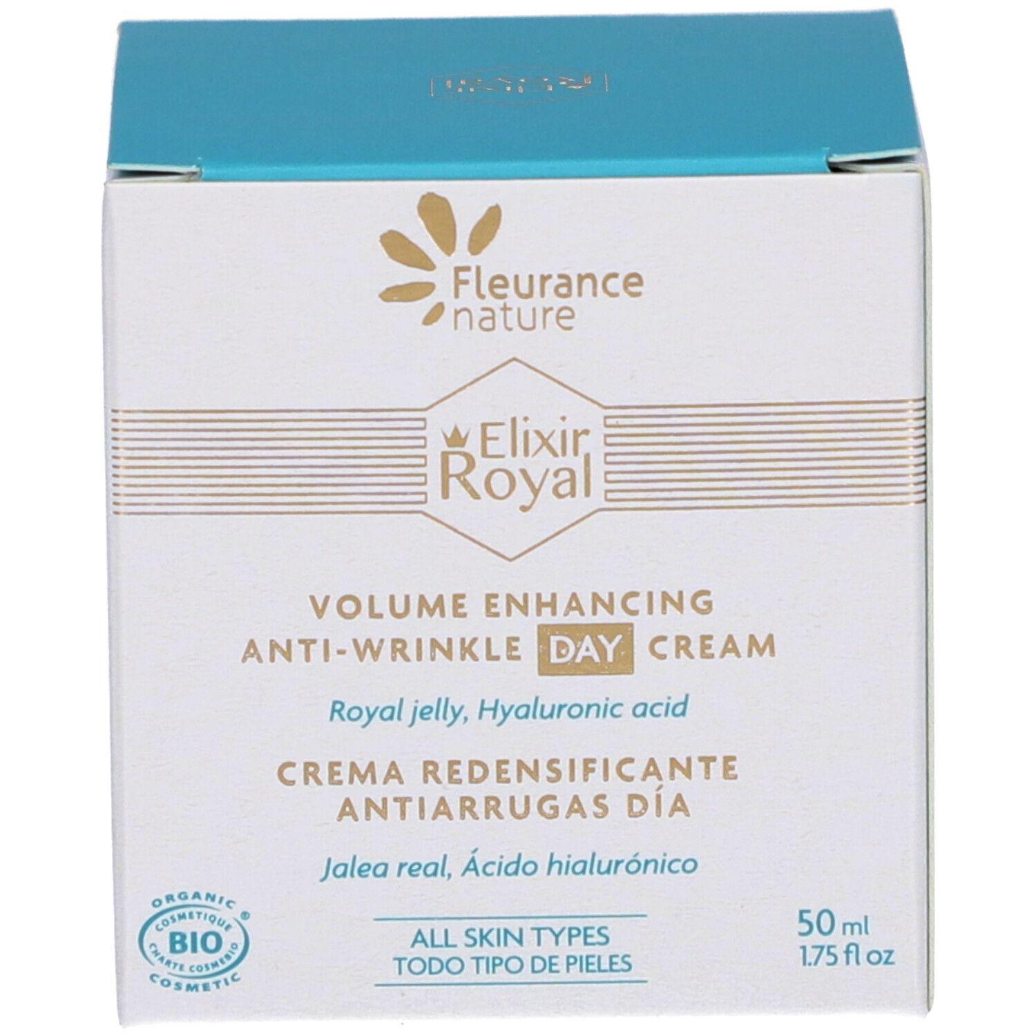 Boîte blanche avec inscription: Volume Enhancing Anti-Wrinkle Day Cream. 50 ml. Certification Bio.