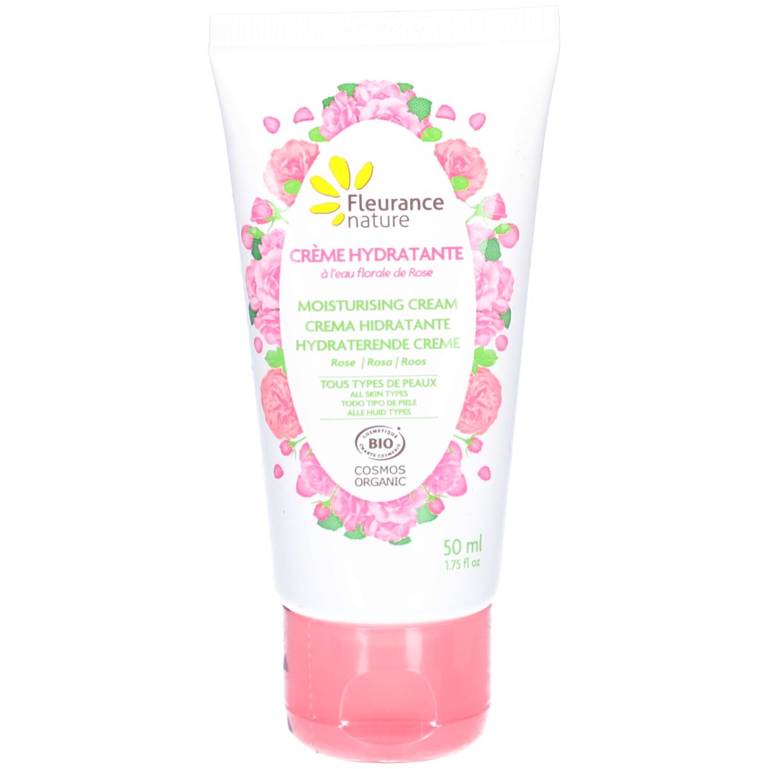 Tube blanc, bouchon rose. Inscription : "FLEURANCE NATURE", "CRÈME HYDRATANTE", motifs de roses, label bio.