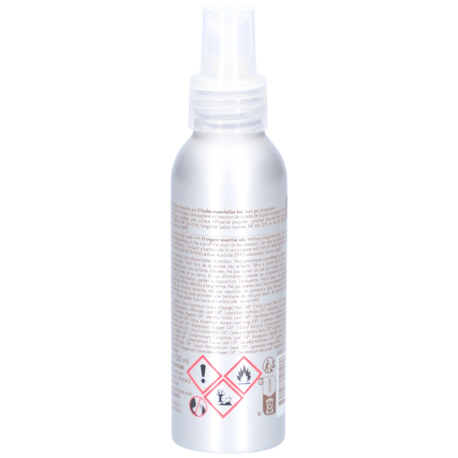Vue arrière du flacon spray argenté. Avertissements et pictogrammes sur l'étiquette. Symboles de danger et texte.