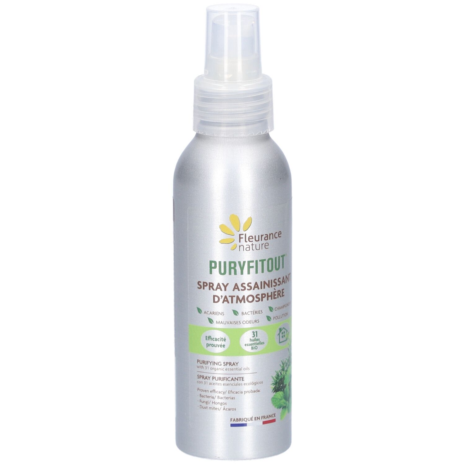 Flacon spray argenté avec tête blanche. Inscription: PURYFITOUT, Spray assainissant d'atmosphère. Logo: Fleurance nature.