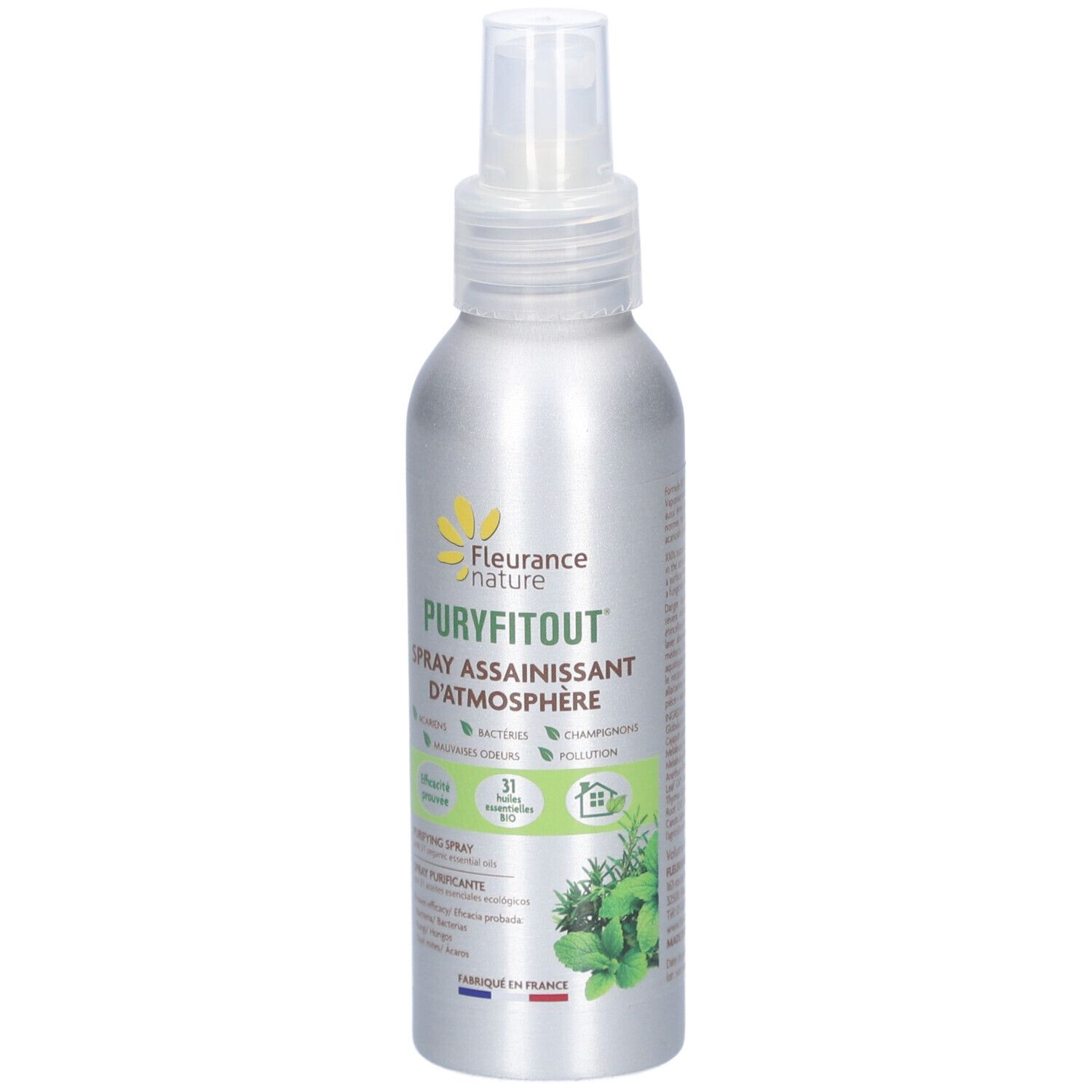Flacon spray argenté avec tête blanche. Inscription: PURYFITOUT, Spray assainissant d'atmosphère. Logo: Fleurance nature.