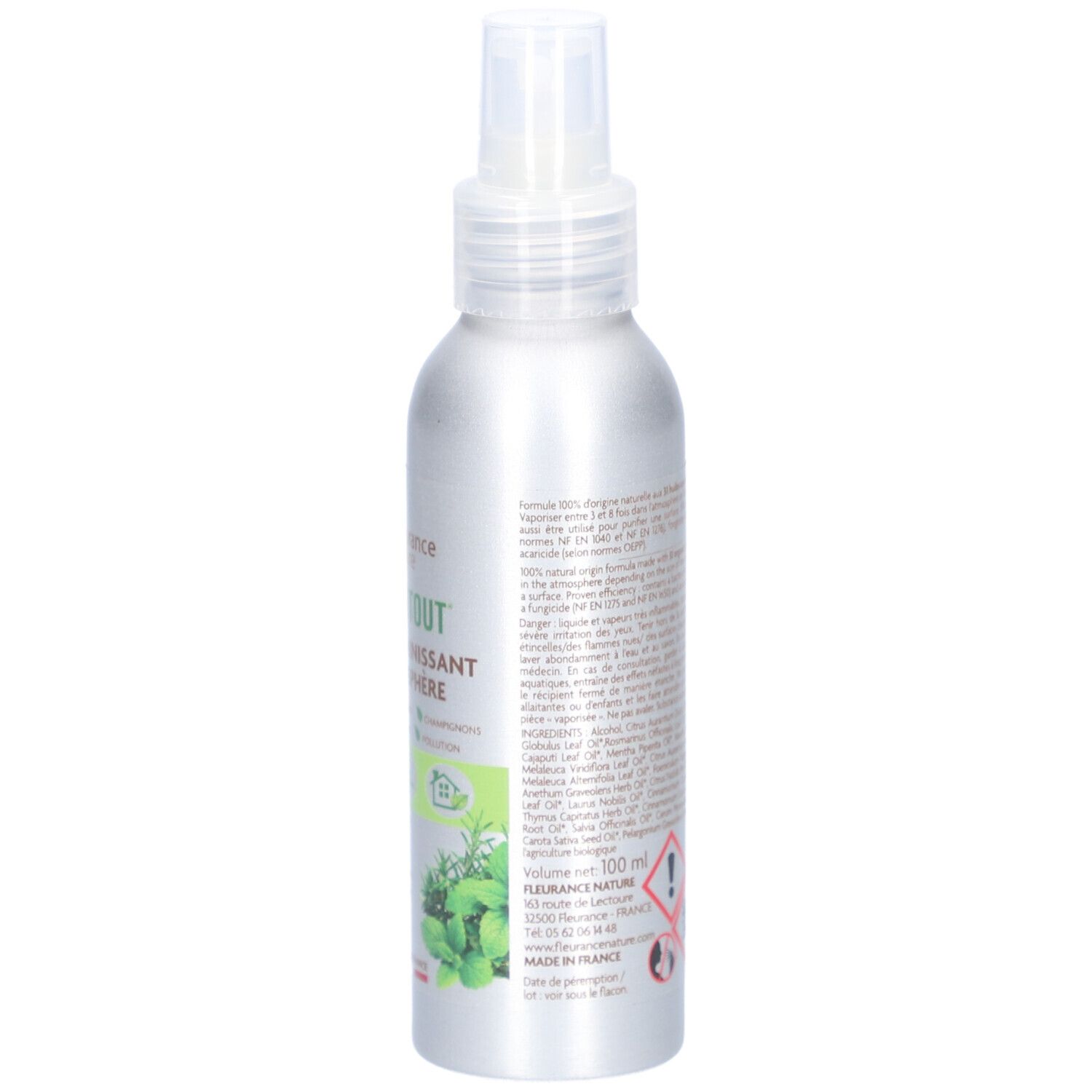 Vue arrière du flacon spray argenté. Informations textuelles et pictogrammes sur l'étiquette. Volume: 100 ml.