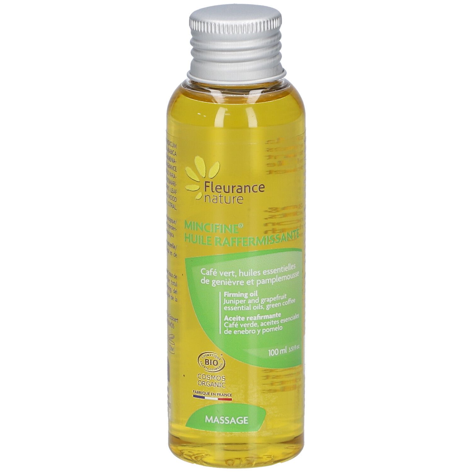 Huile claire en flacon à bouchon argenté. Inscription: FLEURANCE MINCIFINE HLE. Étiquette verte et blanche.